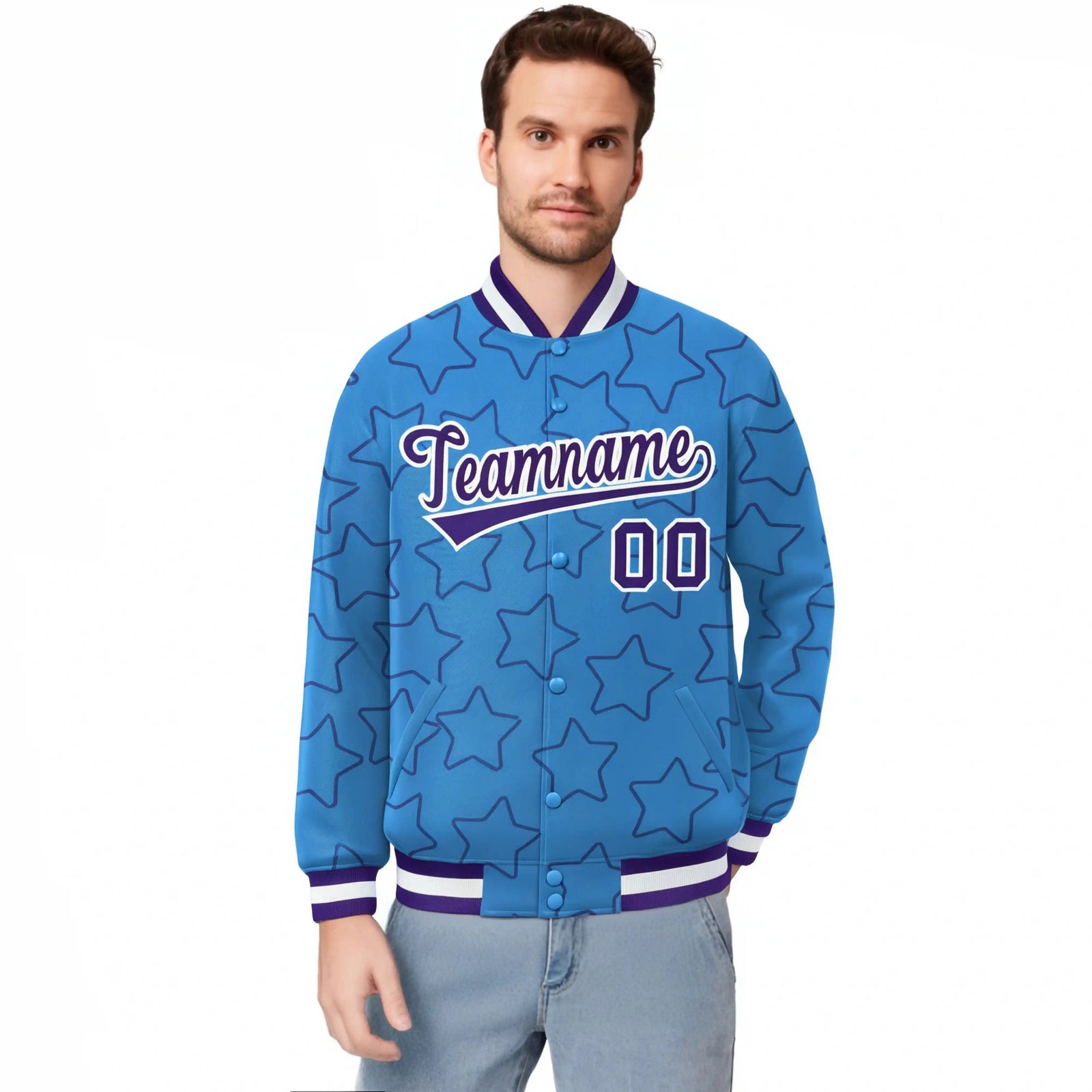 Custom Powder Blue Purple-White Varsity Full-Snap Star Pattern Letterman Baseball Jacket