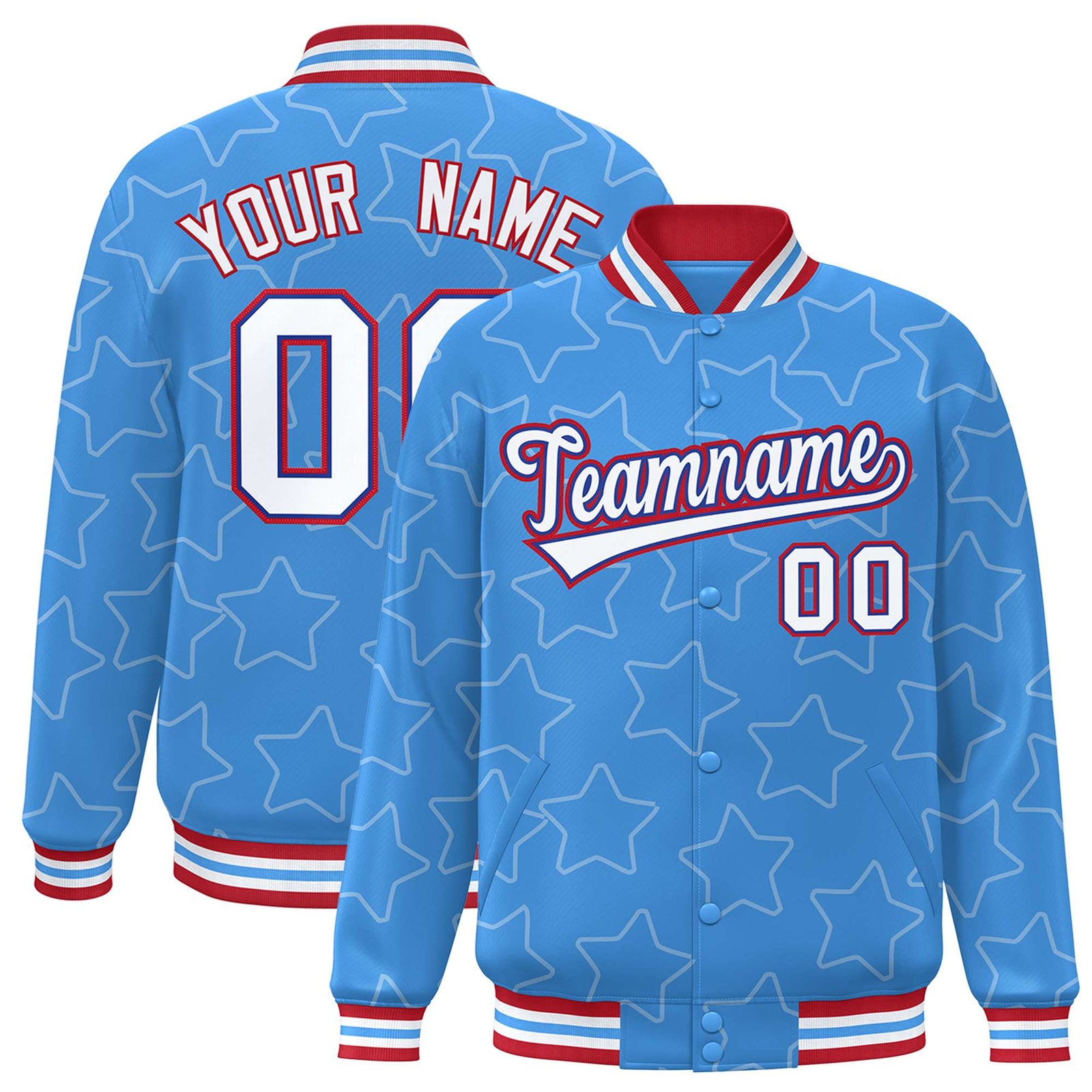 Custom Powder Blue White-Red Varsity Full-Snap Star Pattern Letterman Baseball Jacket