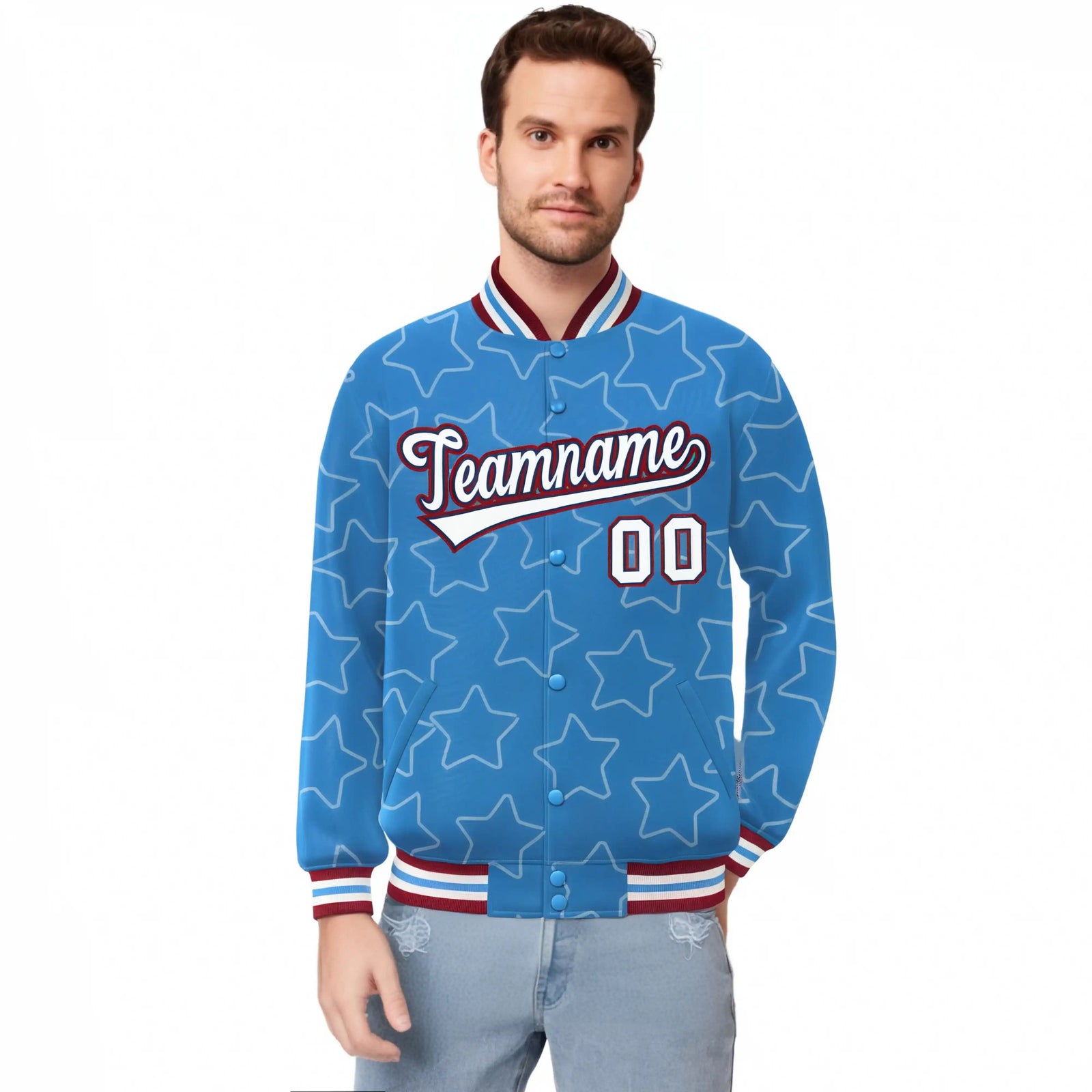 Custom Powder Blue White-Red Varsity Full-Snap Star Pattern Letterman Baseball Jacket