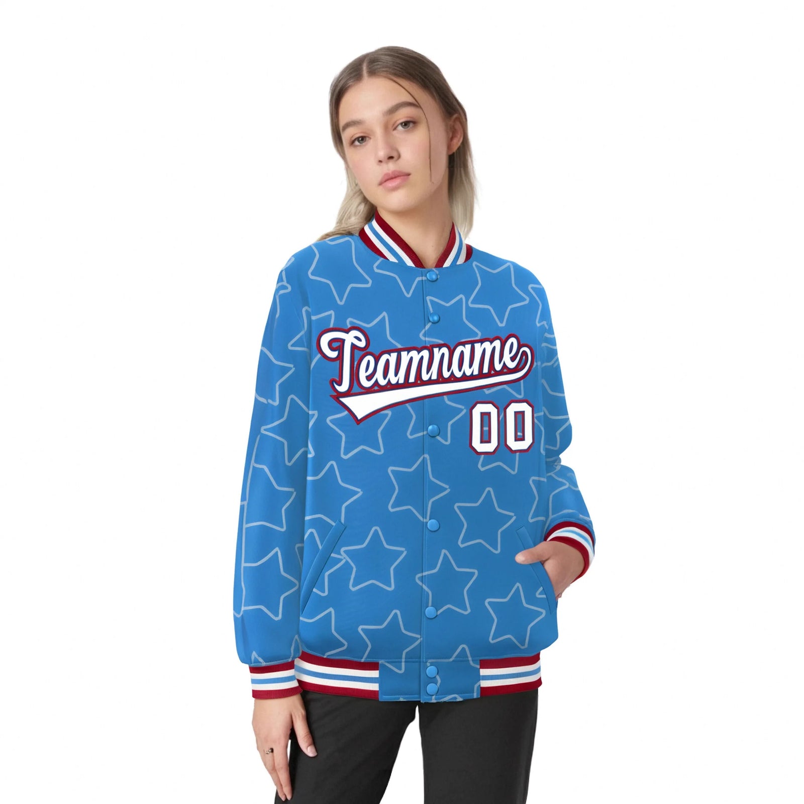 Custom Powder Blue White-Red Varsity Full-Snap Star Pattern Letterman Baseball Jacket