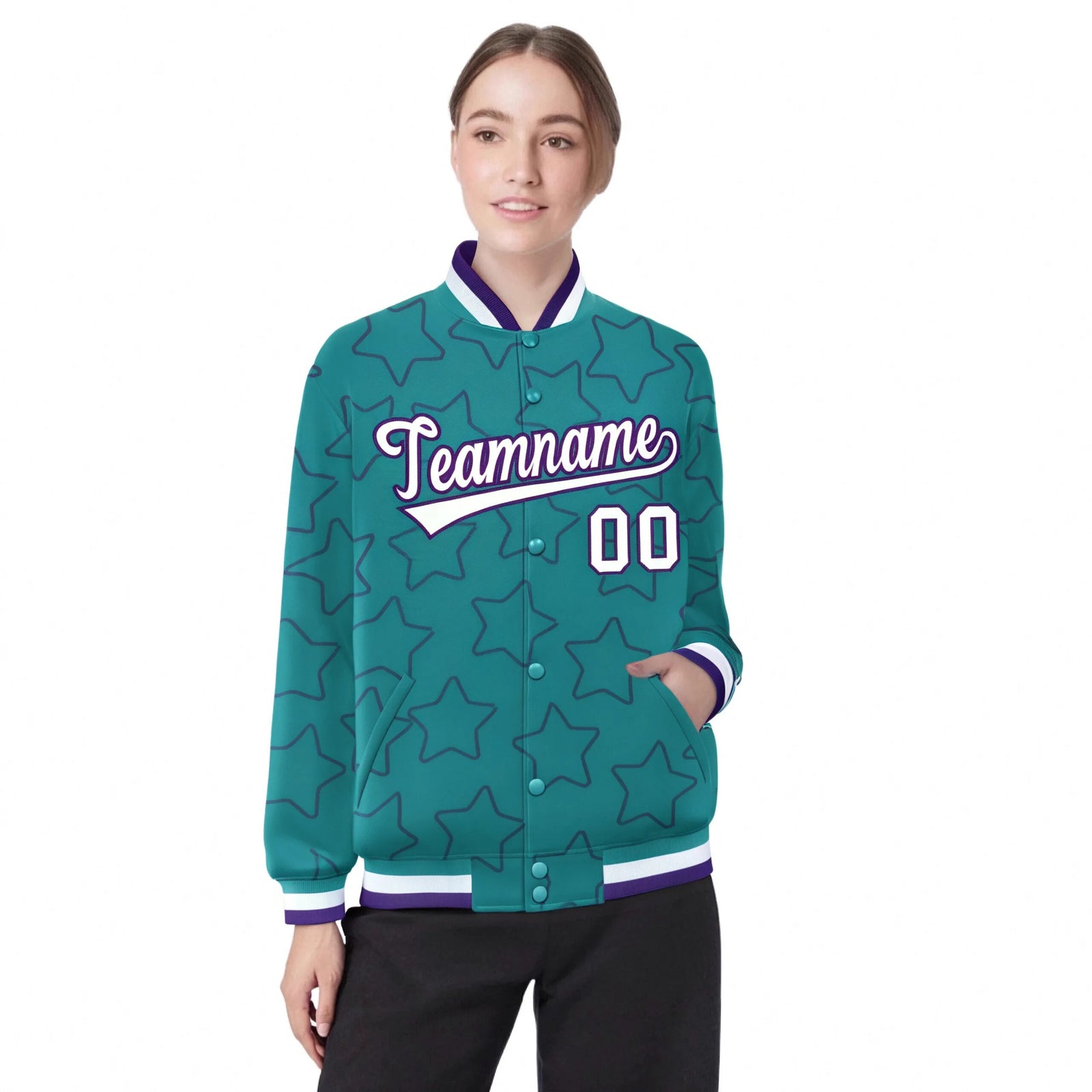 Custom Aqua White-Purple Varsity Full-Snap Star Pattern Letterman Baseball Jacket