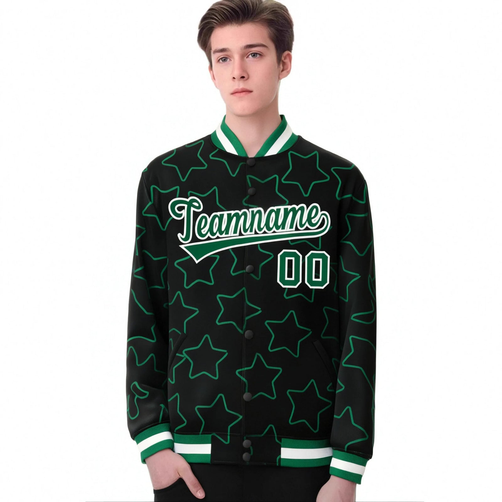 Custom Black Green-White Varsity Full-Snap Star Pattern Letterman Baseball Jacket