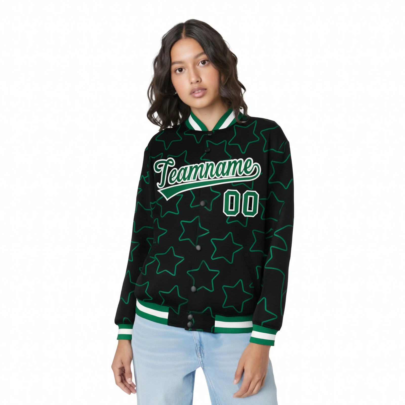 Custom Black Green-White Varsity Full-Snap Star Pattern Letterman Baseball Jacket