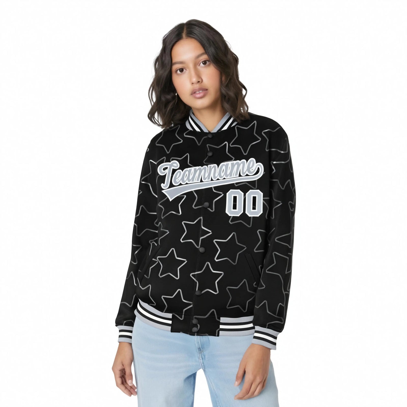 Custom Black Gray-White Varsity Full-Snap Star Pattern Letterman Baseball Jacket