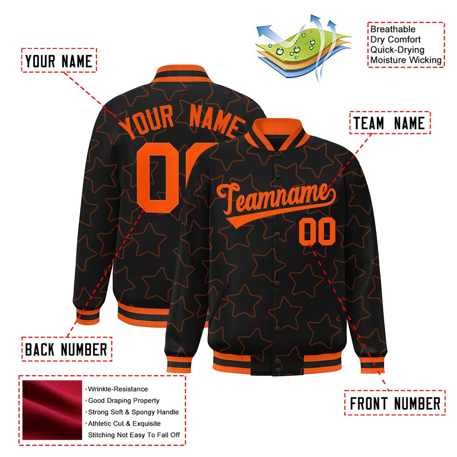 Custom Black Orange Varsity Full-Snap Star Pattern Letterman Baseball Jacket