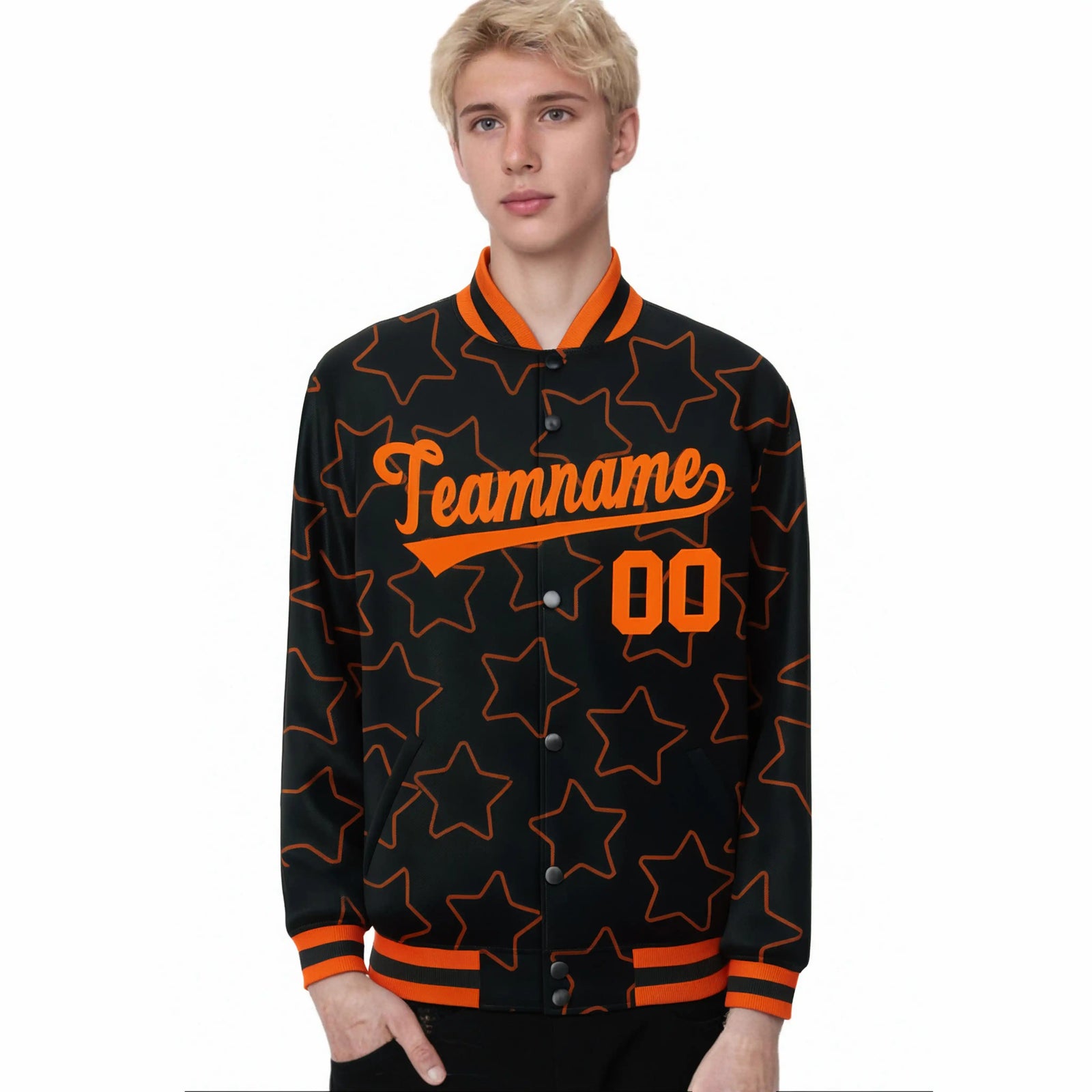 Custom Black Orange Varsity Full-Snap Star Pattern Letterman Baseball Jacket