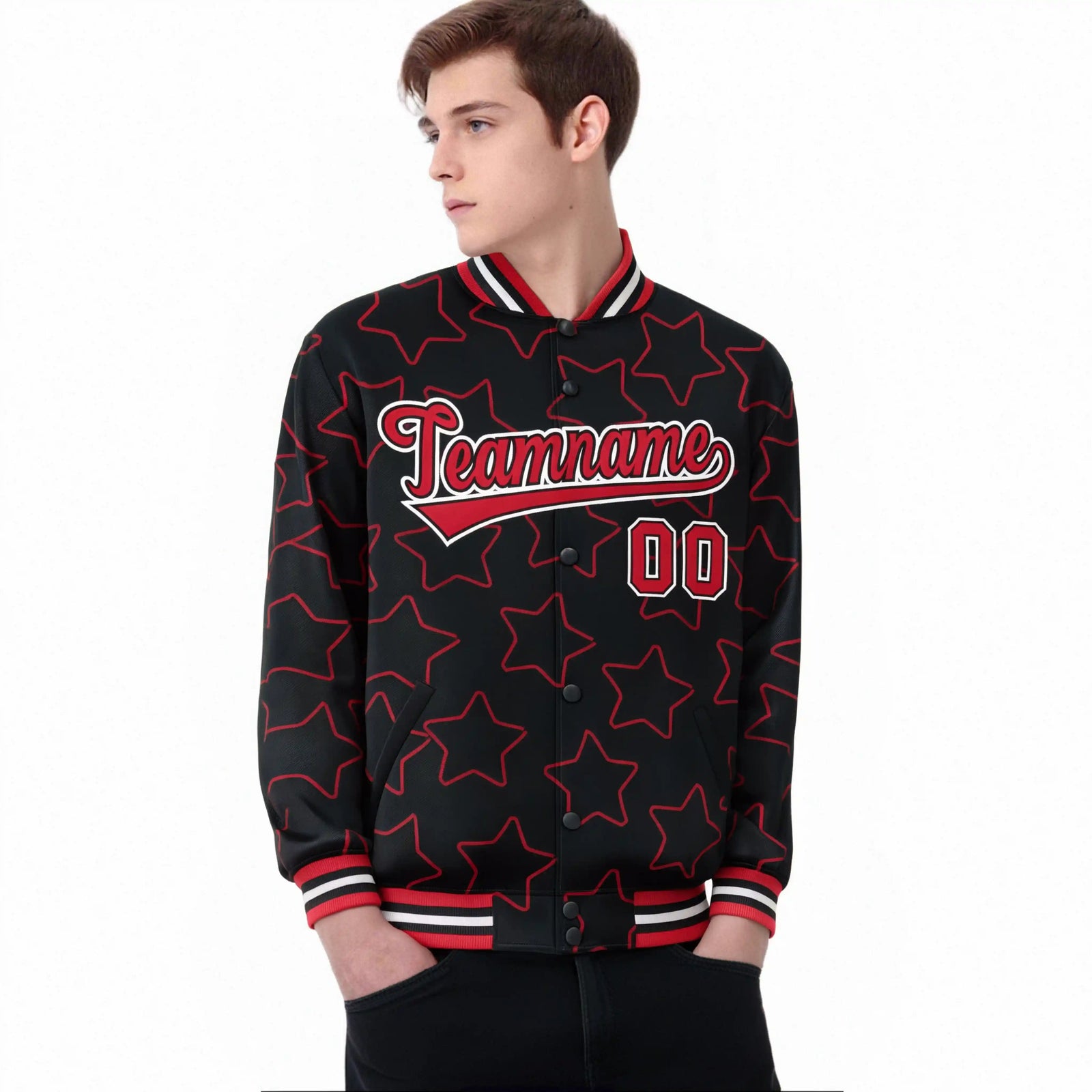 Custom Black Red-White Varsity Full-Snap Star Pattern Letterman Baseball Jacket