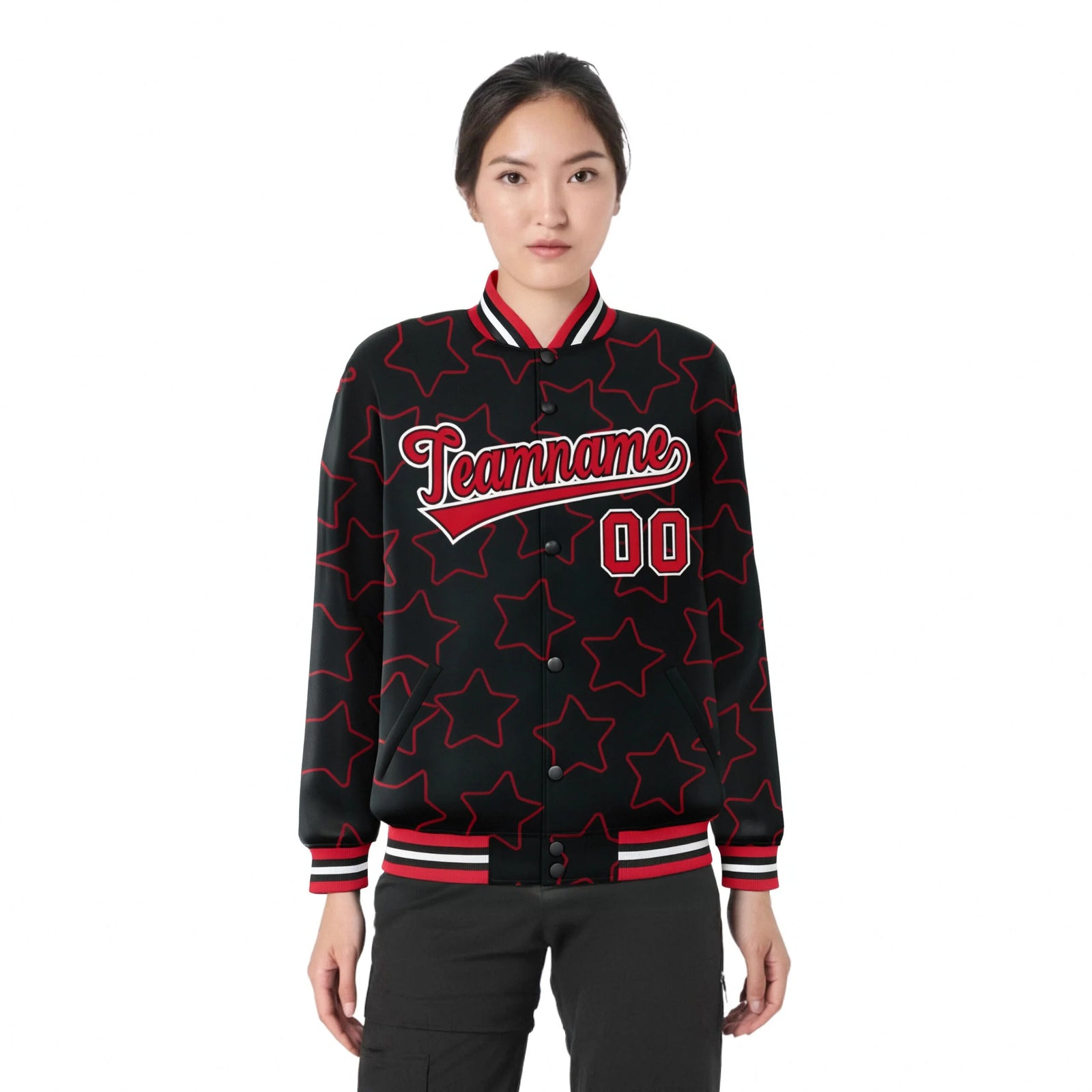 Custom Black Red-White Varsity Full-Snap Star Pattern Letterman Baseball Jacket