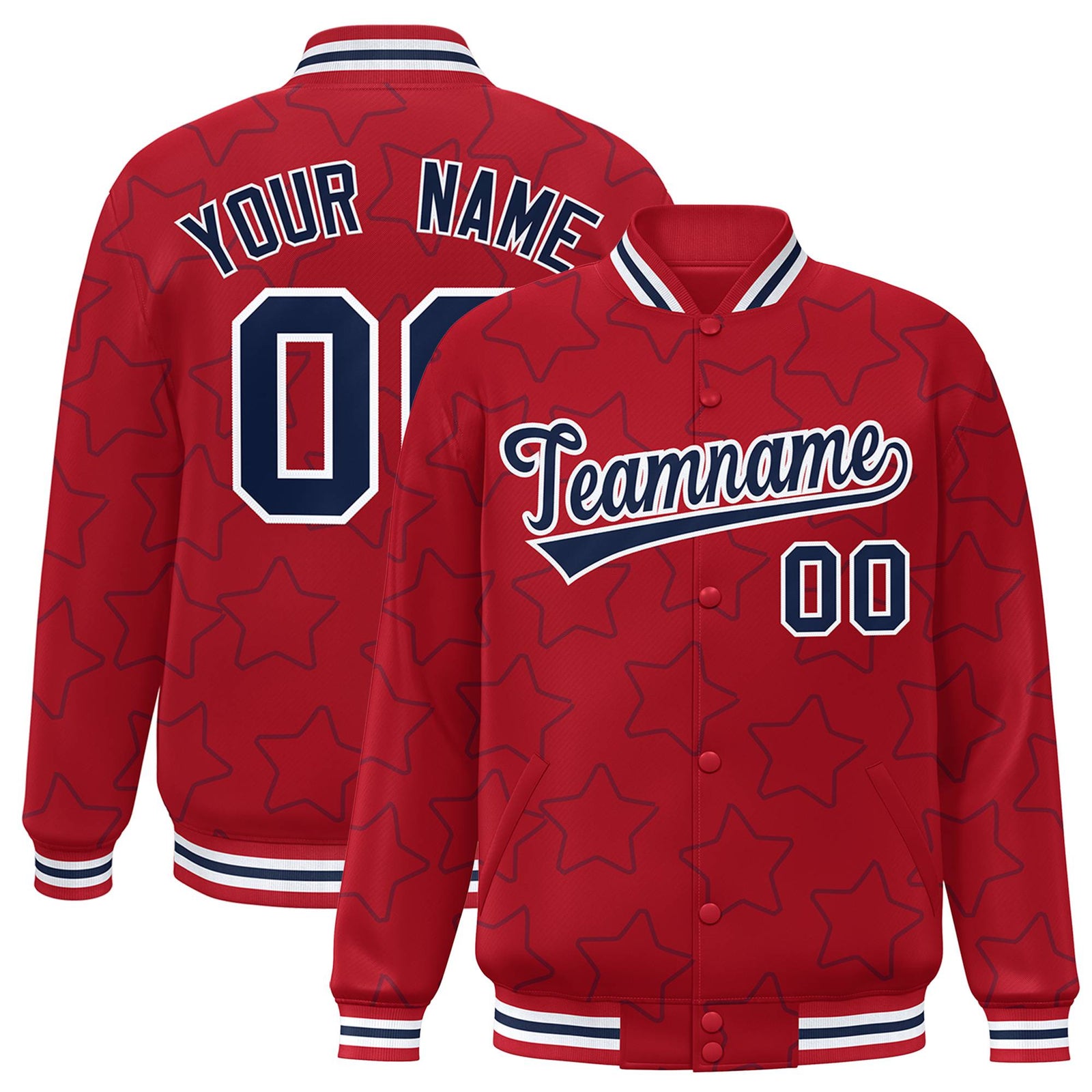 Custom Red Navy-White Varsity Full-Snap Star Pattern Letterman Baseball Jacket
