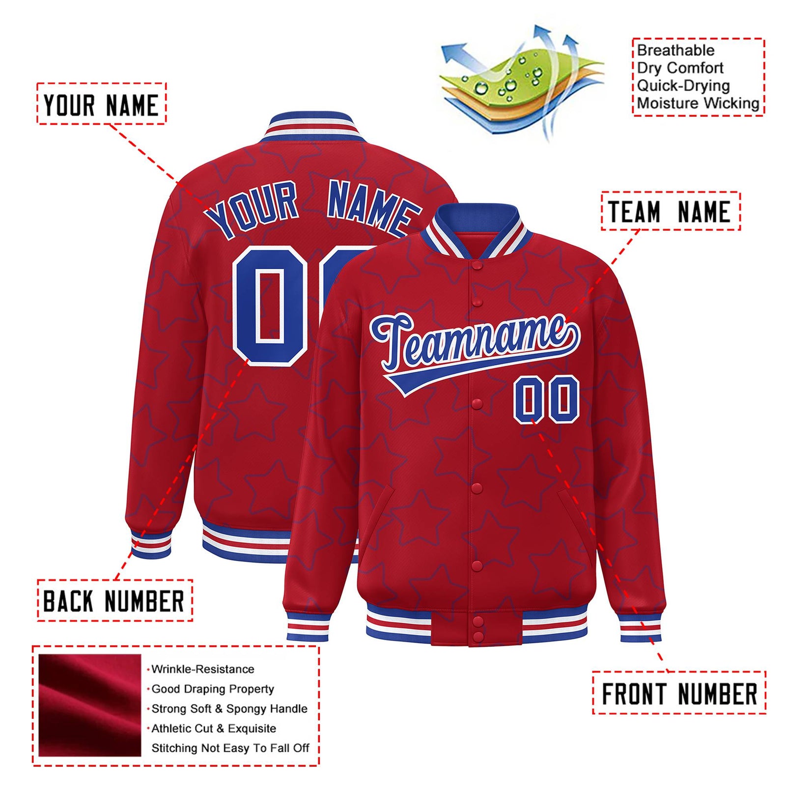 Custom Red Royal Blue-White Varsity Full-Snap Star Pattern Letterman Baseball Jacket