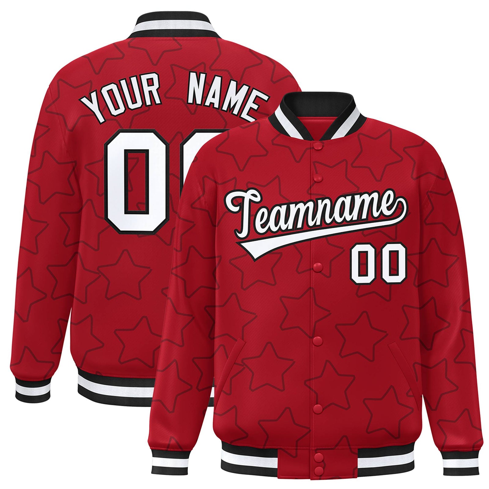 Custom Red White-Black Varsity Full-Snap Star Pattern Letterman Baseball Jacket