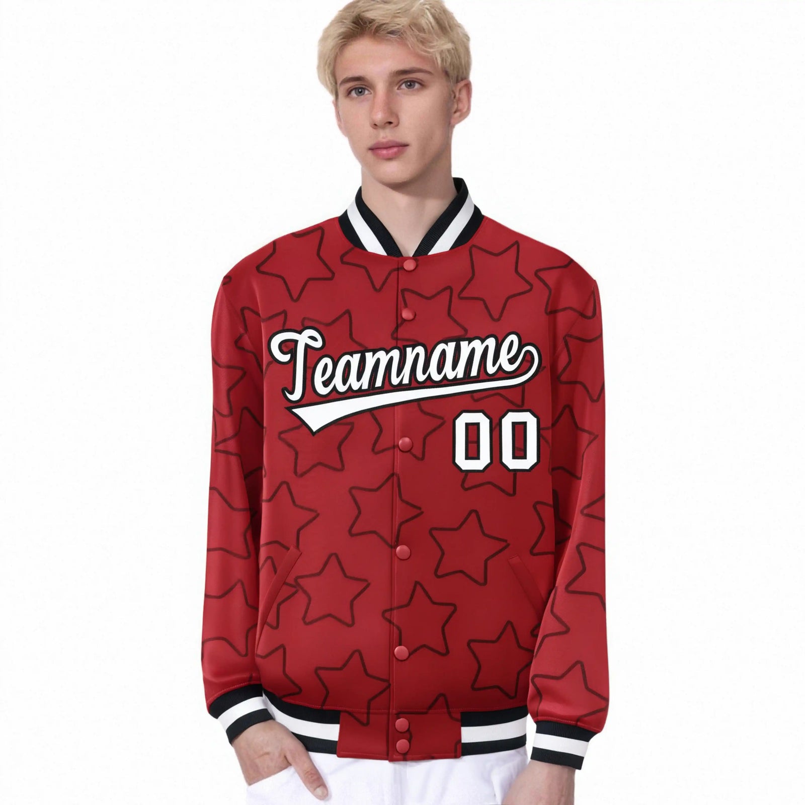 Custom Red White-Black Varsity Full-Snap Star Pattern Letterman Baseball Jacket