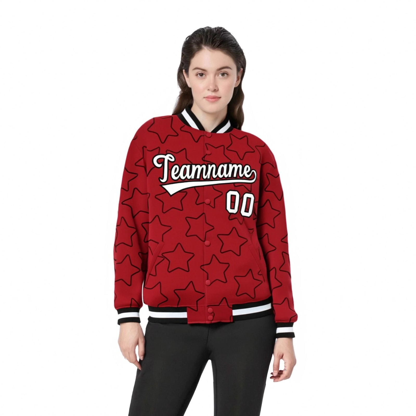 Custom Red White-Black Varsity Full-Snap Star Pattern Letterman Baseball Jacket