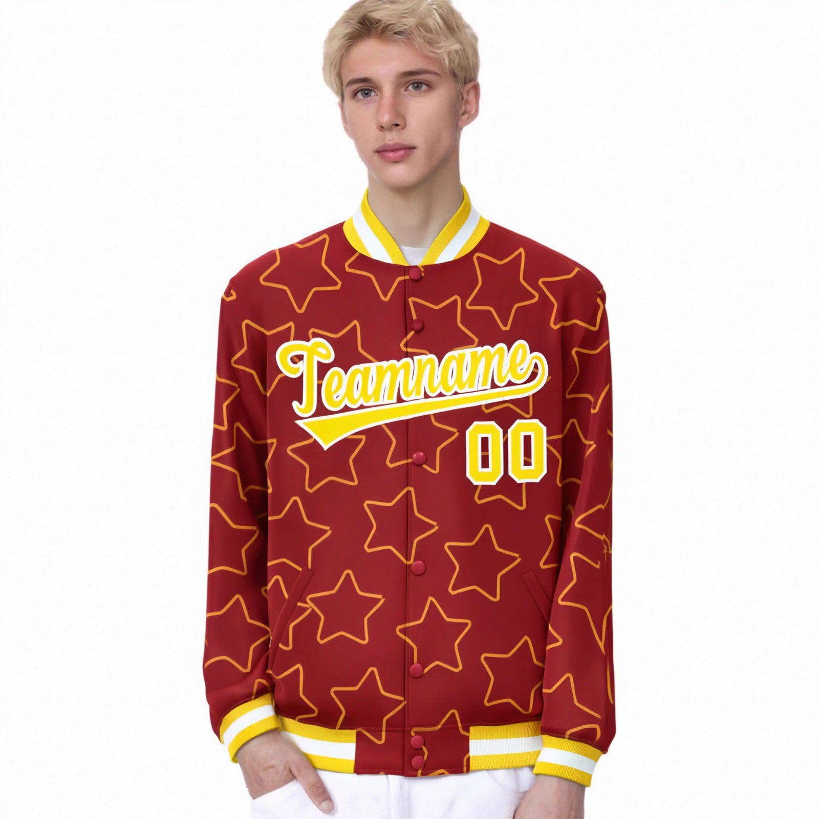 Custom Red Gold-White Varsity Full-Snap Star Pattern Letterman Baseball Jacket