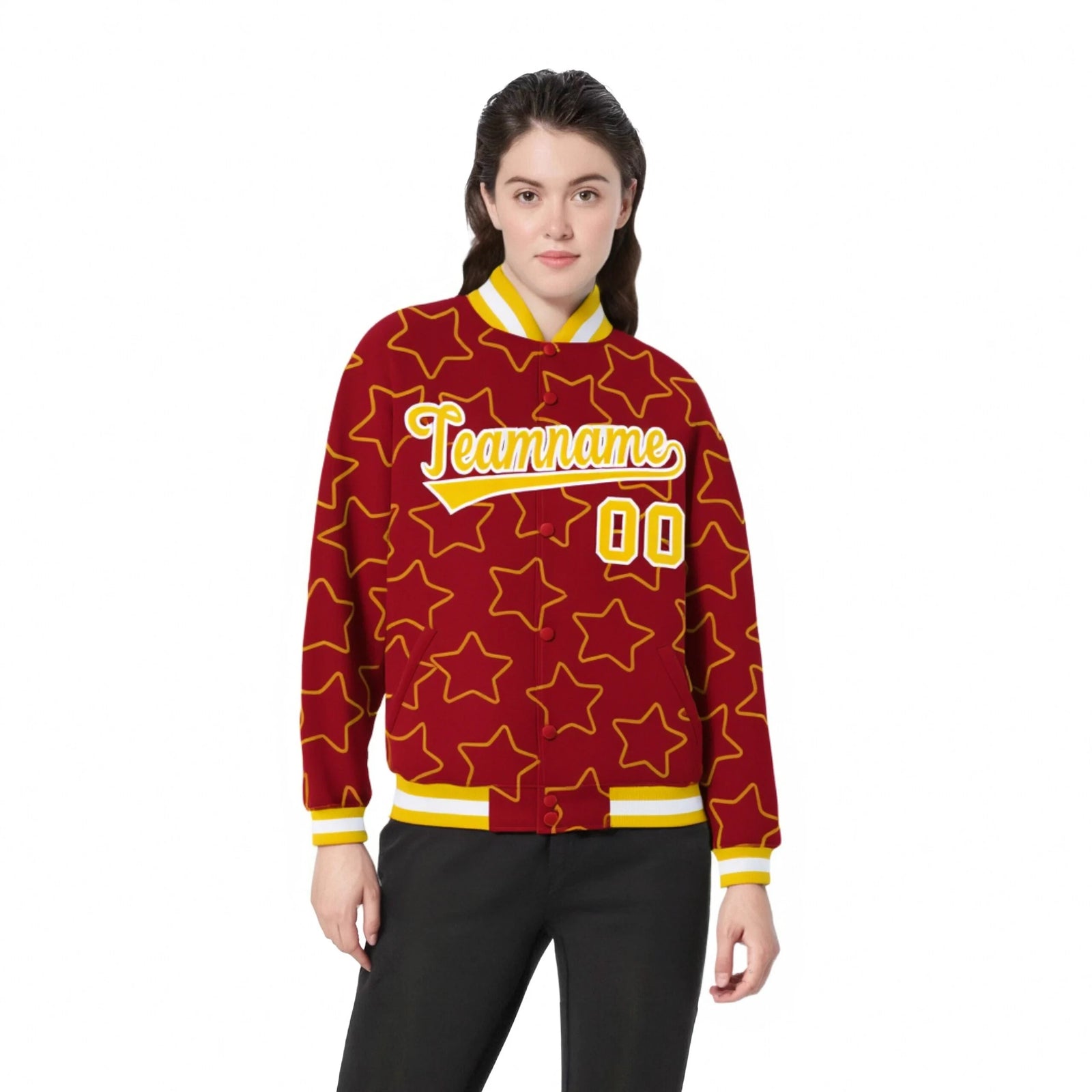 Custom Red Gold-White Varsity Full-Snap Star Pattern Letterman Baseball Jacket