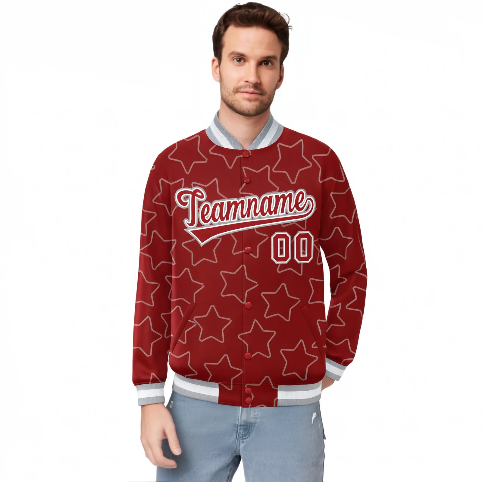 Custom Red Red-White Varsity Full-Snap Star Pattern Letterman Baseball Jacket