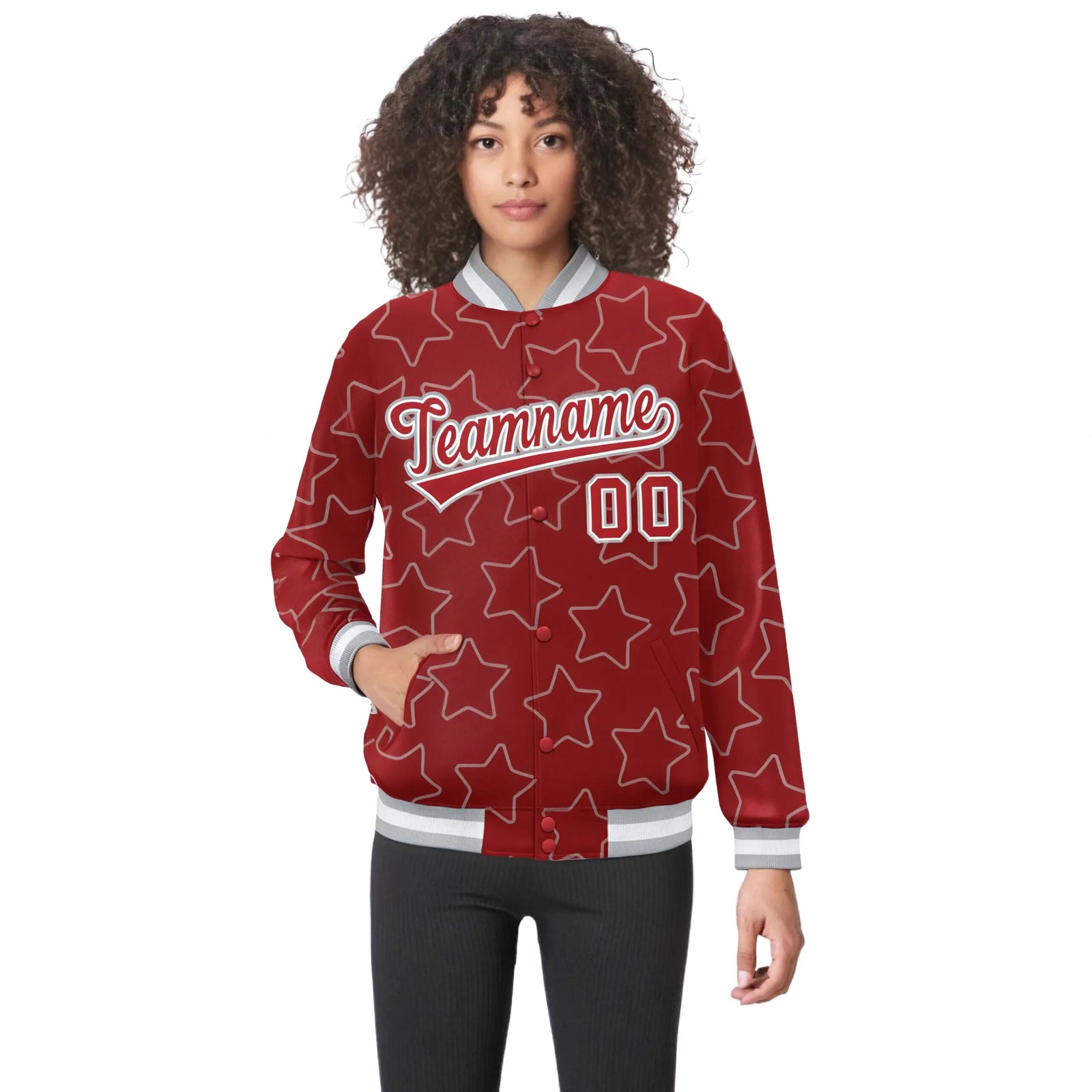 Custom Red Red-White Varsity Full-Snap Star Pattern Letterman Baseball Jacket