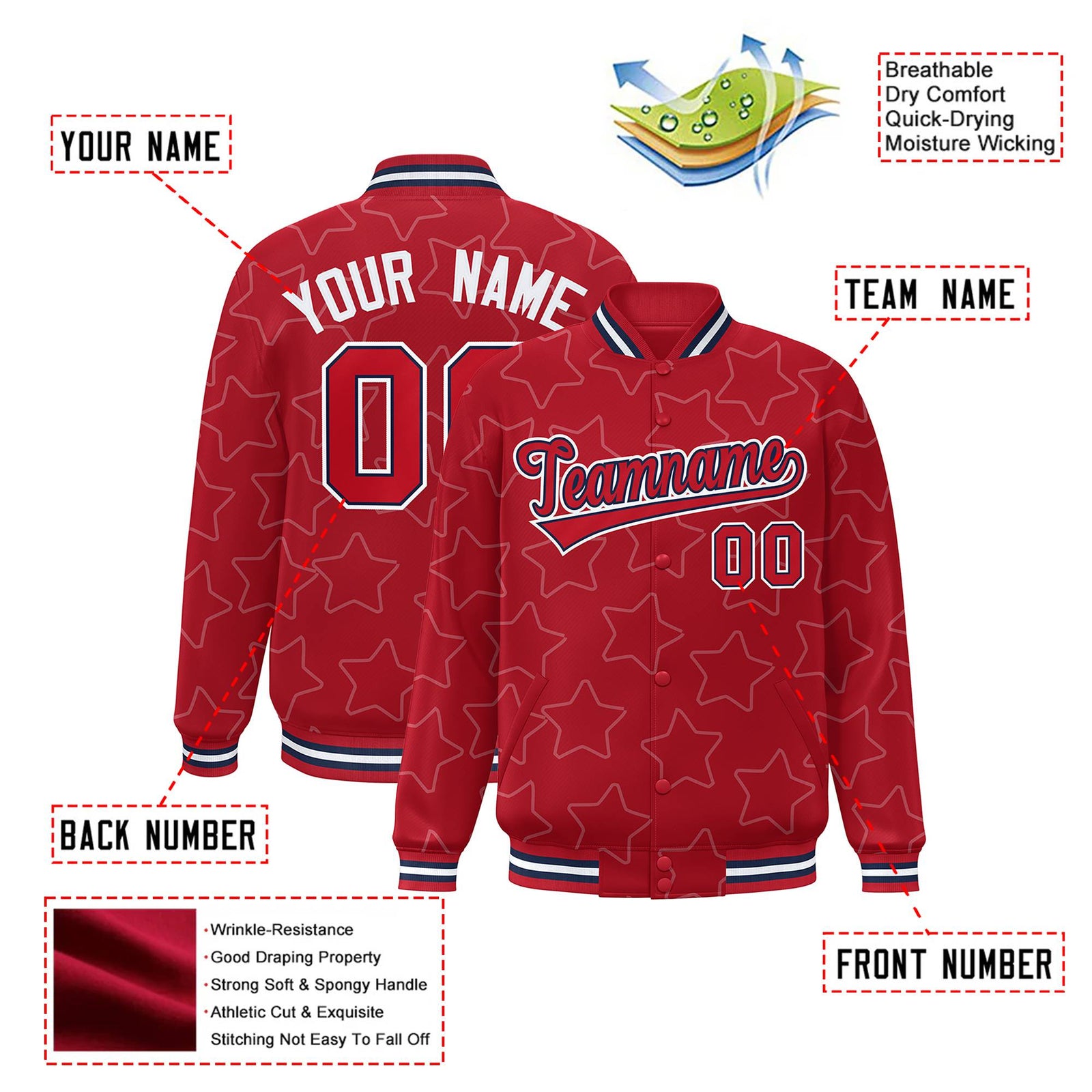 Custom Red Red-Navy Varsity Full-Snap Star Pattern Letterman Baseball Jacket