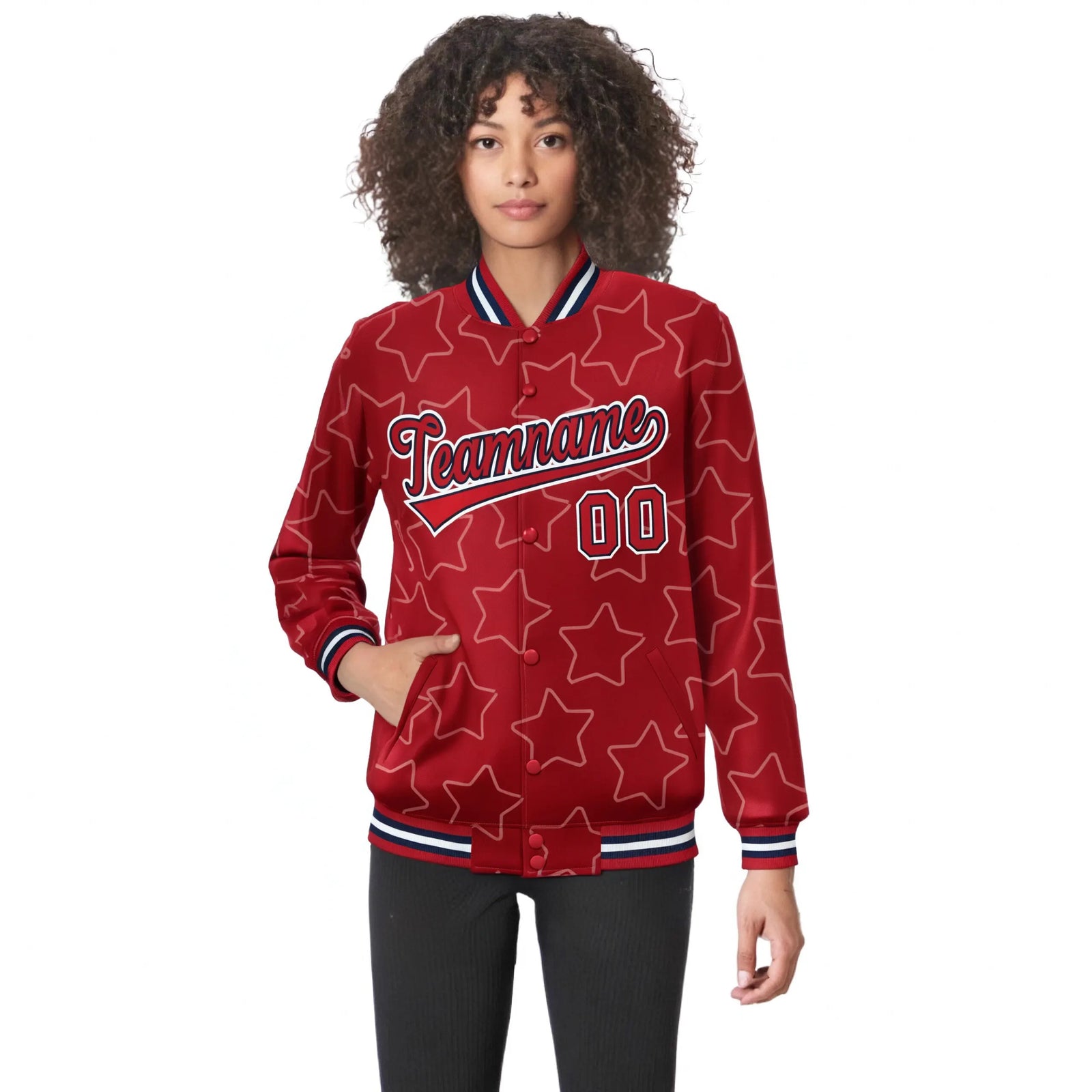 Custom Red Red-Navy Varsity Full-Snap Star Pattern Letterman Baseball Jacket