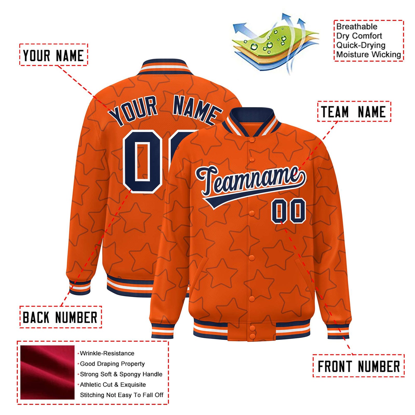 Custom Orange Navy-White Varsity Full-Snap Star Pattern Letterman Baseball Jacket