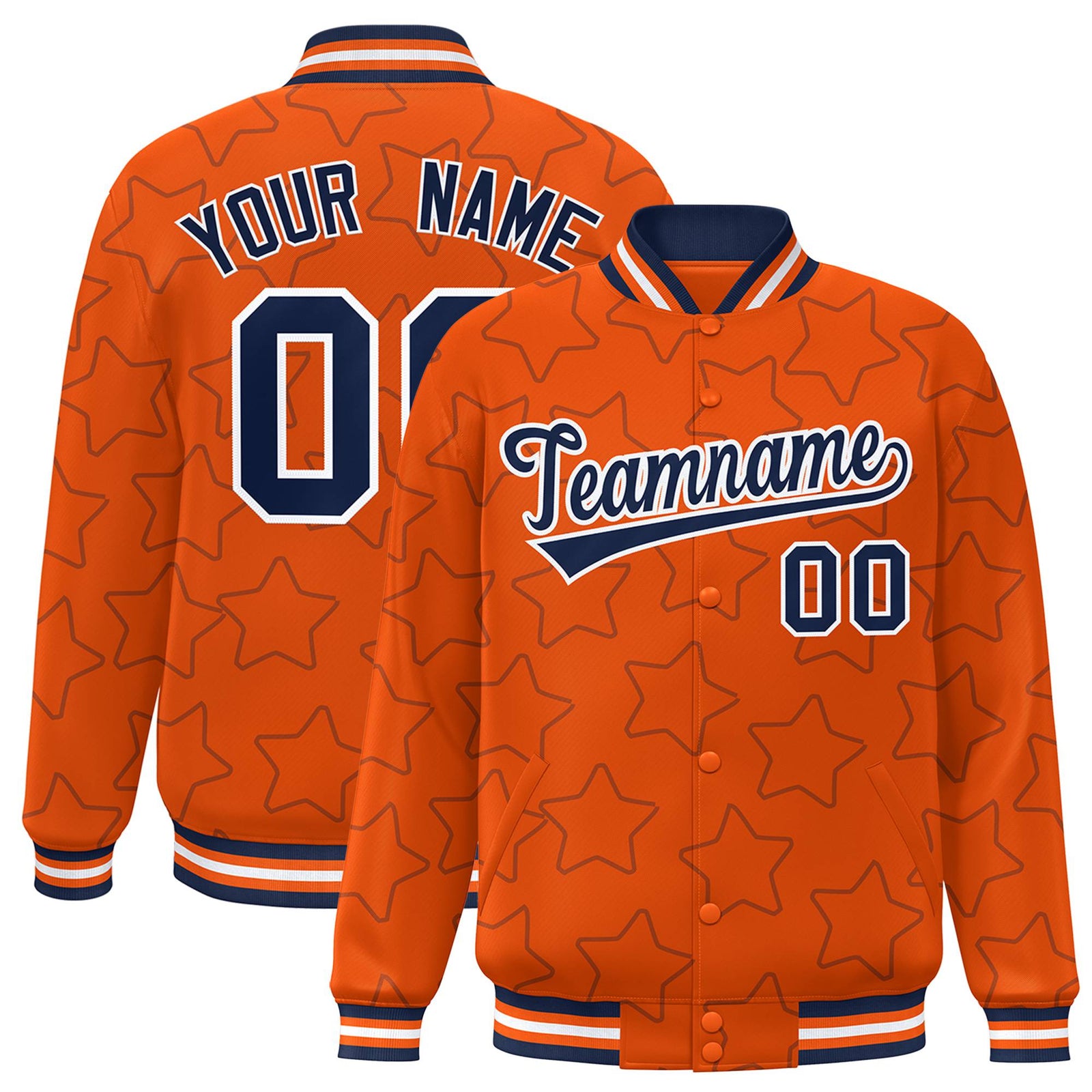 Custom Orange Navy-White Varsity Full-Snap Star Pattern Letterman Baseball Jacket