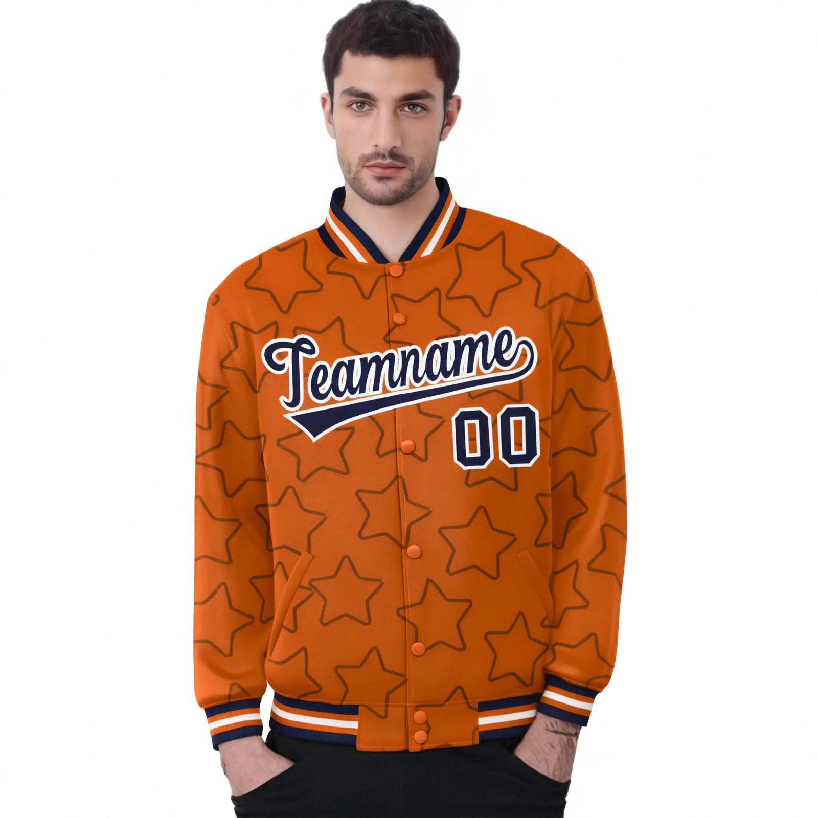 Custom Orange Navy-White Varsity Full-Snap Star Pattern Letterman Baseball Jacket