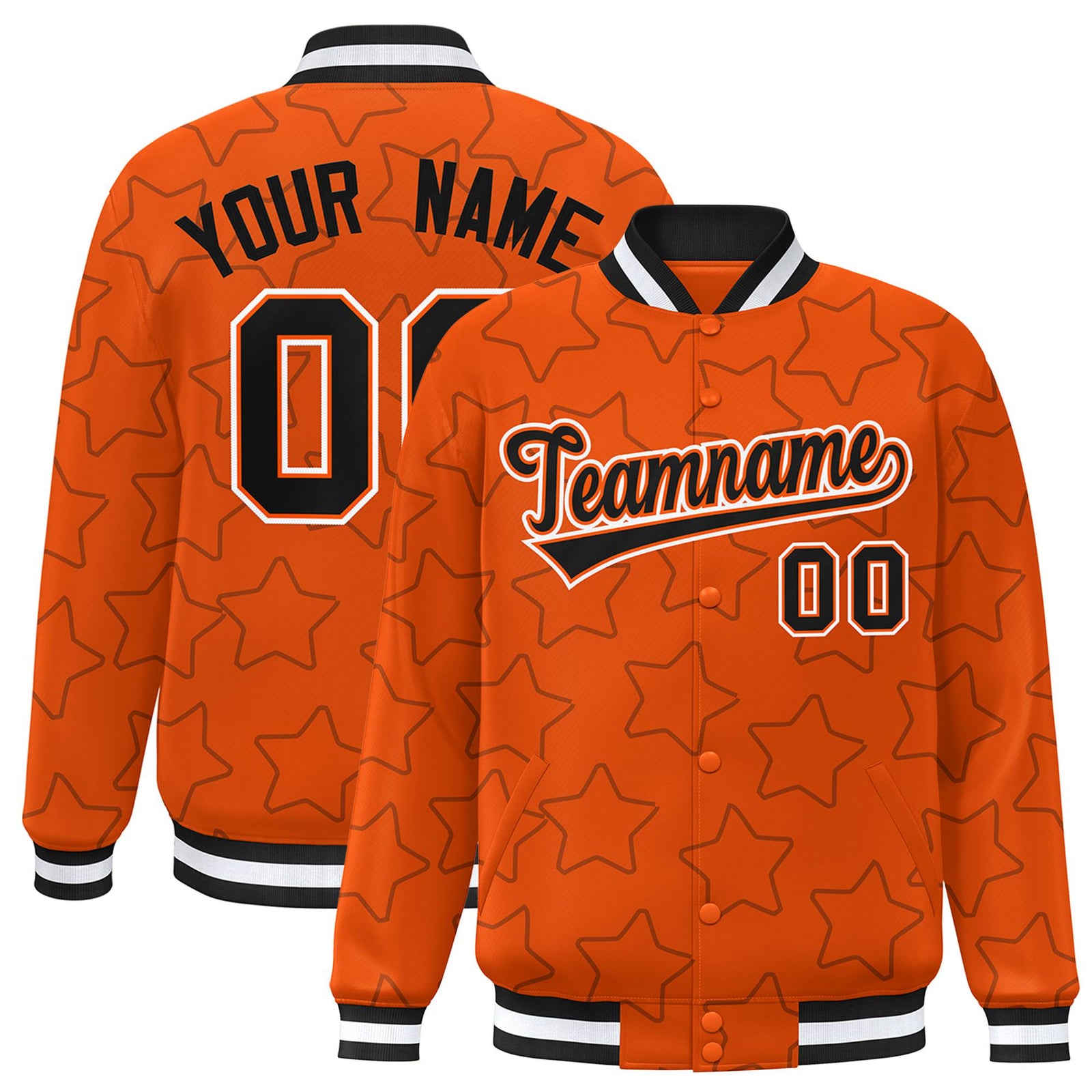 Custom Orange Black-White Varsity Full-Snap Star Pattern Letterman Baseball Jacket