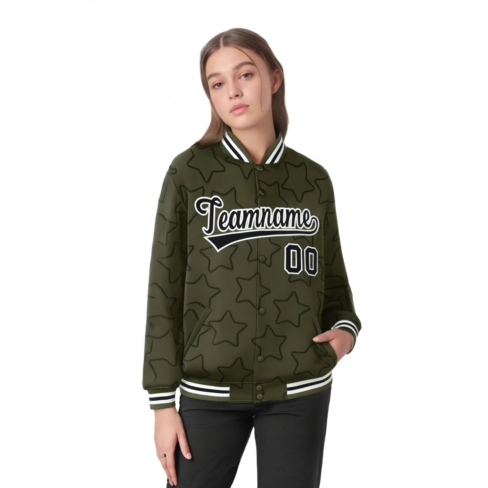 Custom Olive Black-White Varsity Full-Snap Star Pattern Letterman Baseball Jacket