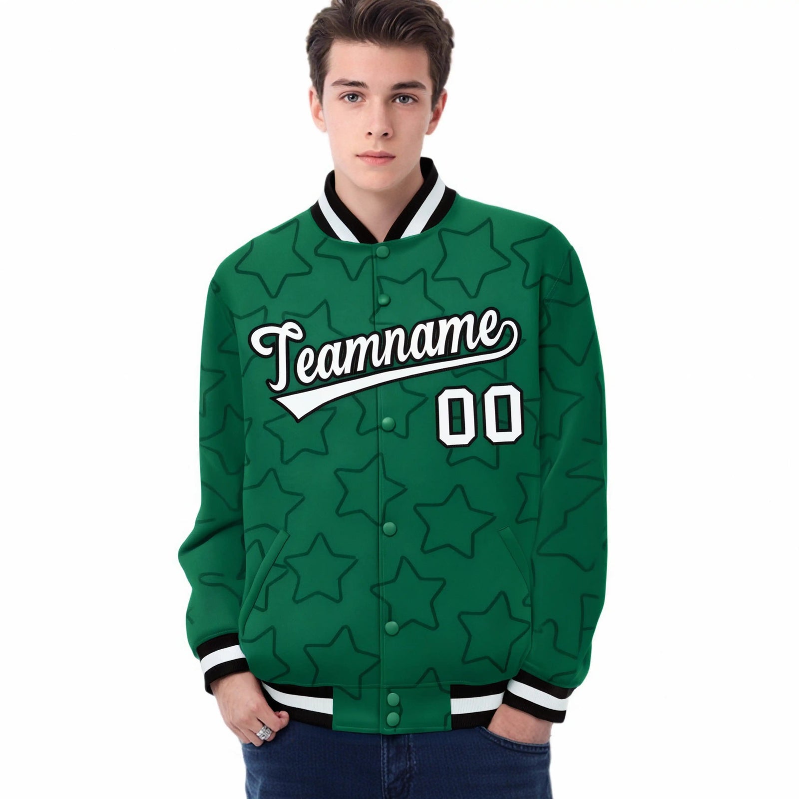 Custom Kelly Green White-Black Varsity Full-Snap Star Pattern Letterman Baseball Jacket