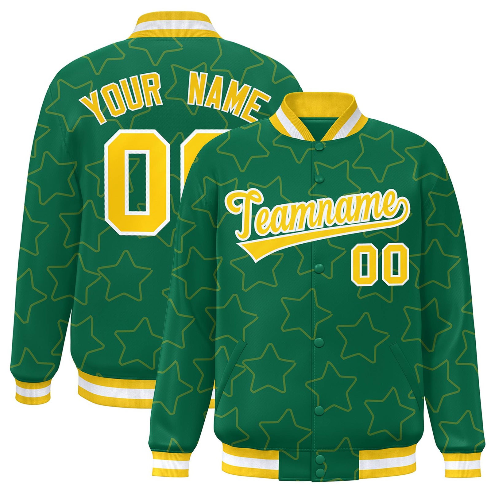 Custom Kelly Green Gold-White Varsity Full-Snap Star Pattern Letterman Baseball Jacket