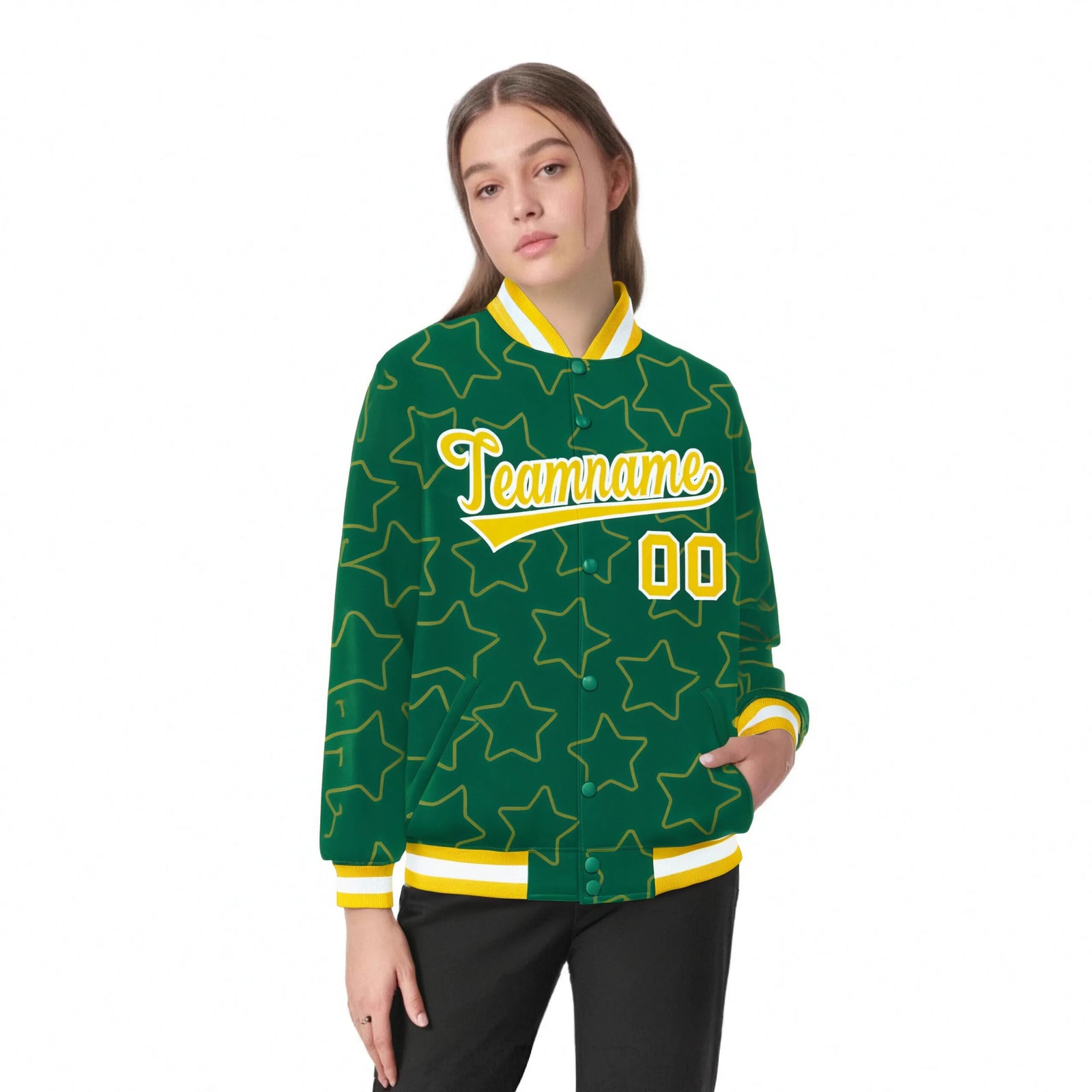 Custom Kelly Green Gold-White Varsity Full-Snap Star Pattern Letterman Baseball Jacket
