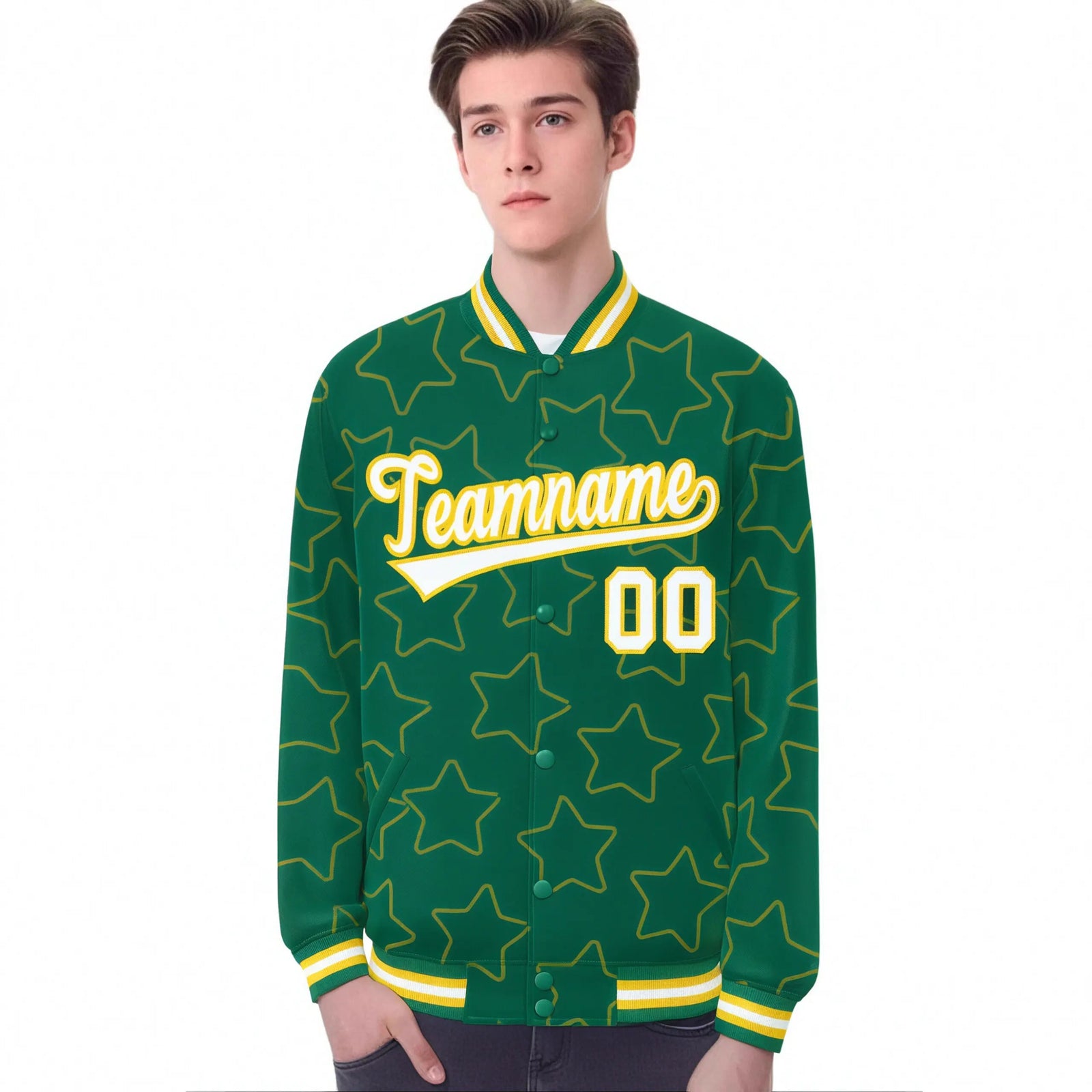 Custom Kelly Green White-Gold Varsity Full-Snap Star Pattern Letterman Baseball Jacket