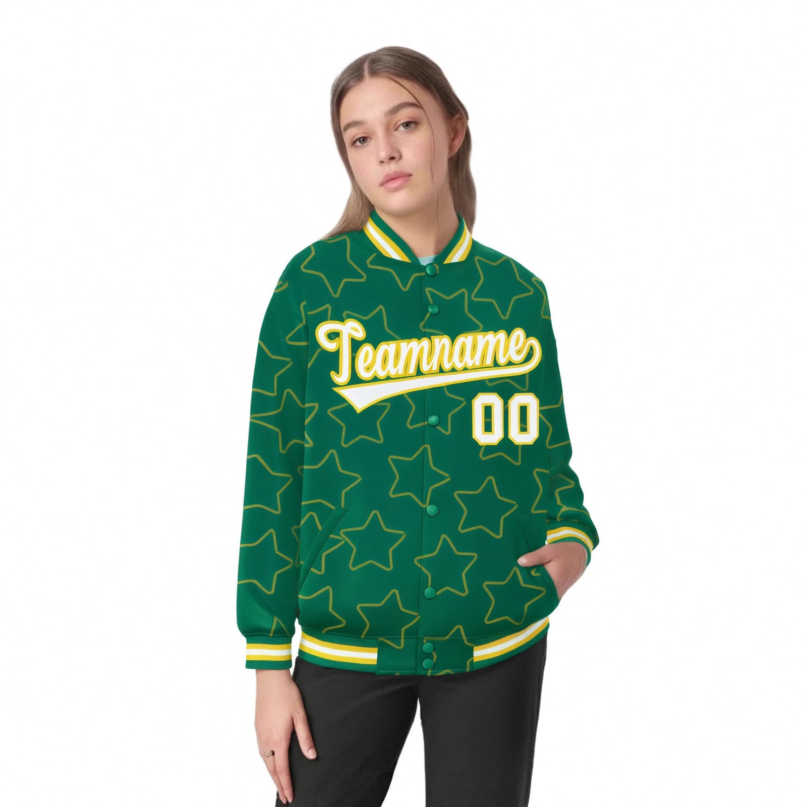 Custom Kelly Green White-Gold Varsity Full-Snap Star Pattern Letterman Baseball Jacket