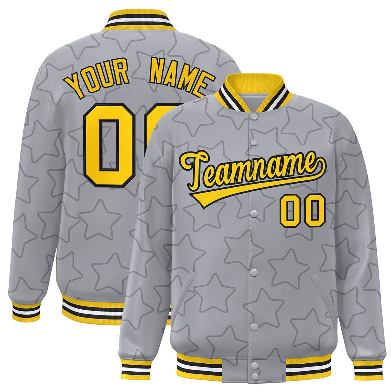 Custom Gray Old-Black Varsity Full-Snap Star Pattern Letterman Baseball Jacket