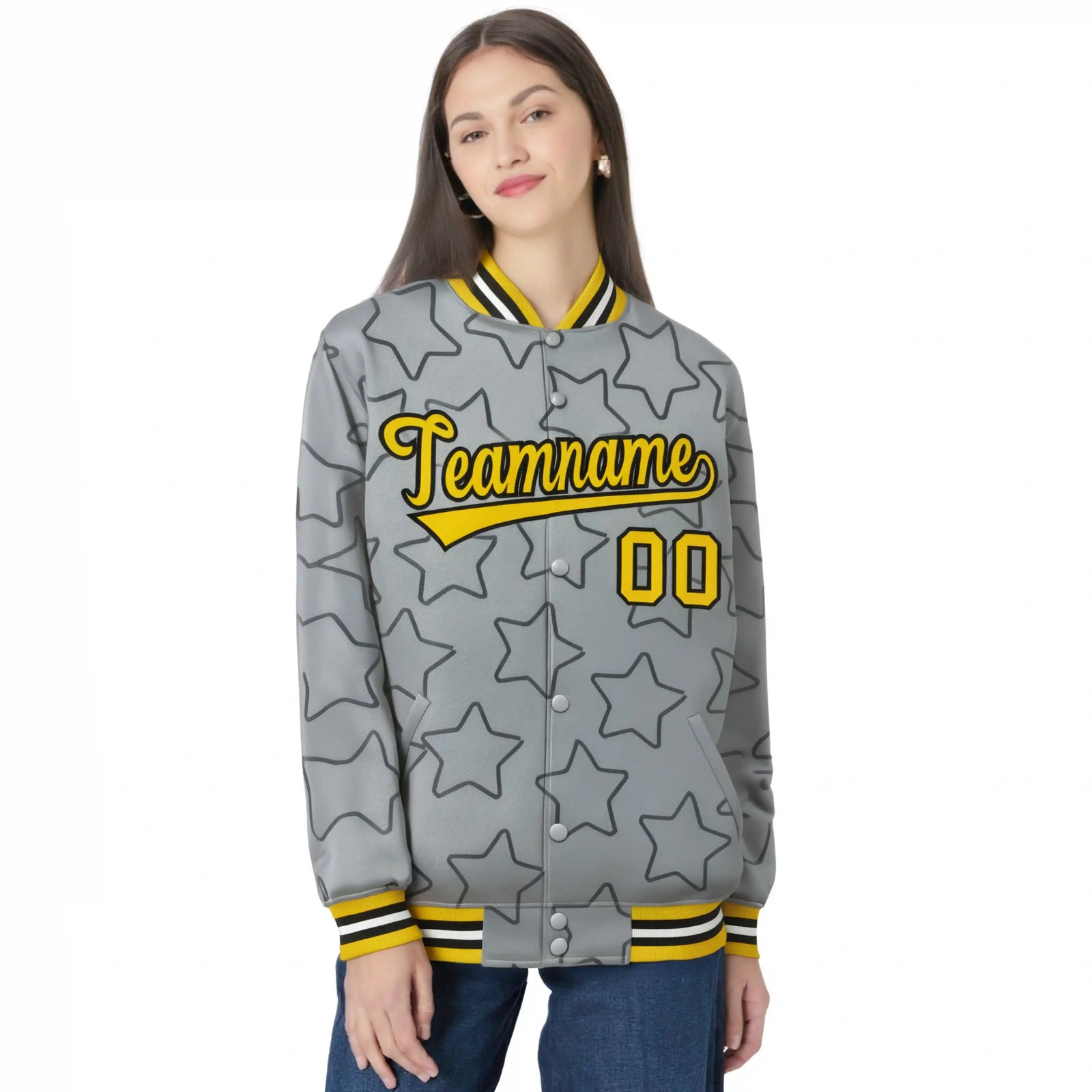 Custom Gray Old-Black Varsity Full-Snap Star Pattern Letterman Baseball Jacket