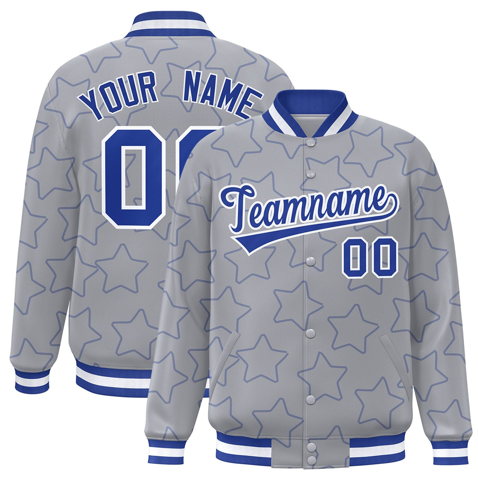 Custom Gray Royal Blue-White Varsity Full-Snap Star Pattern Letterman Baseball Jacket