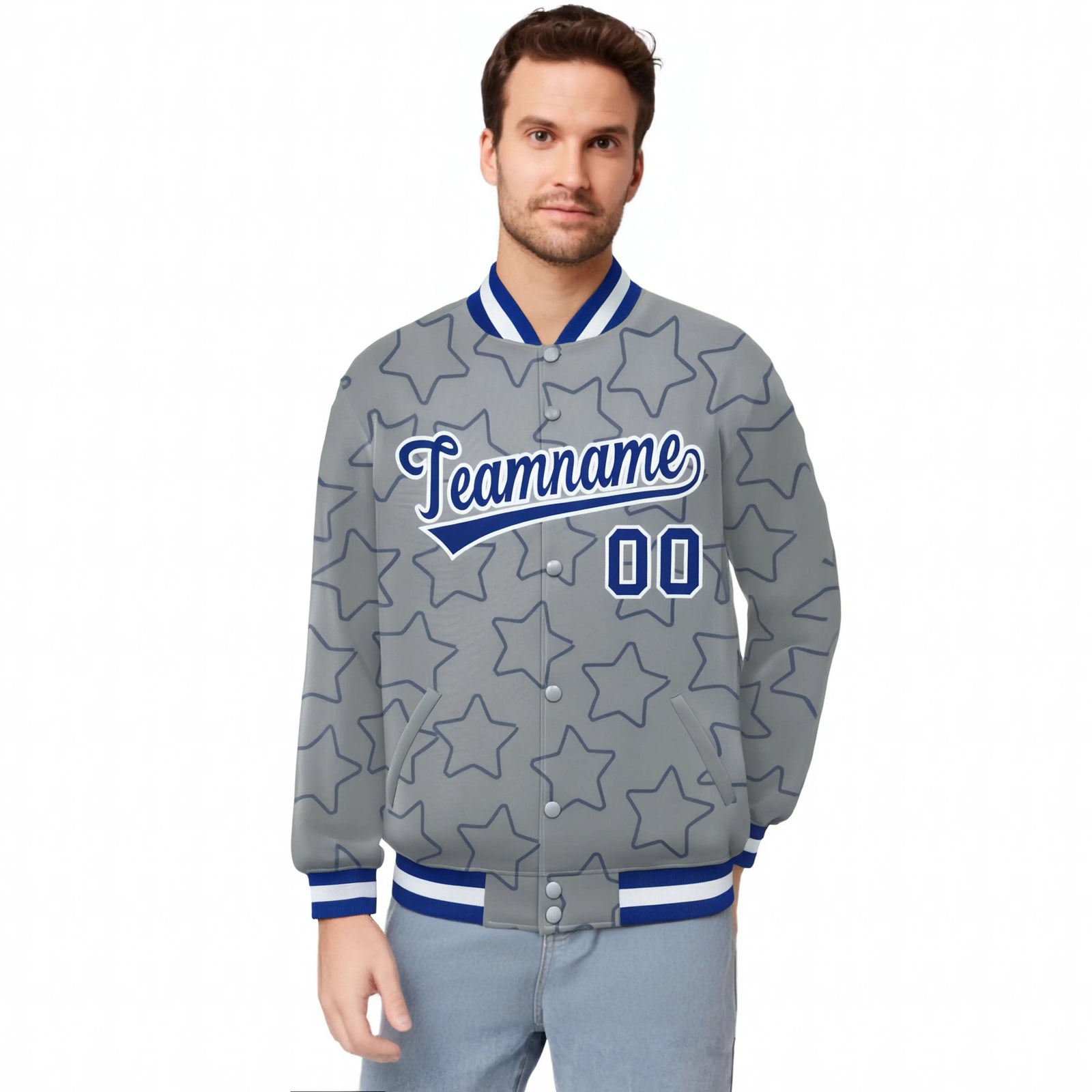 Custom Gray Royal Blue-White Varsity Full-Snap Star Pattern Letterman Baseball Jacket