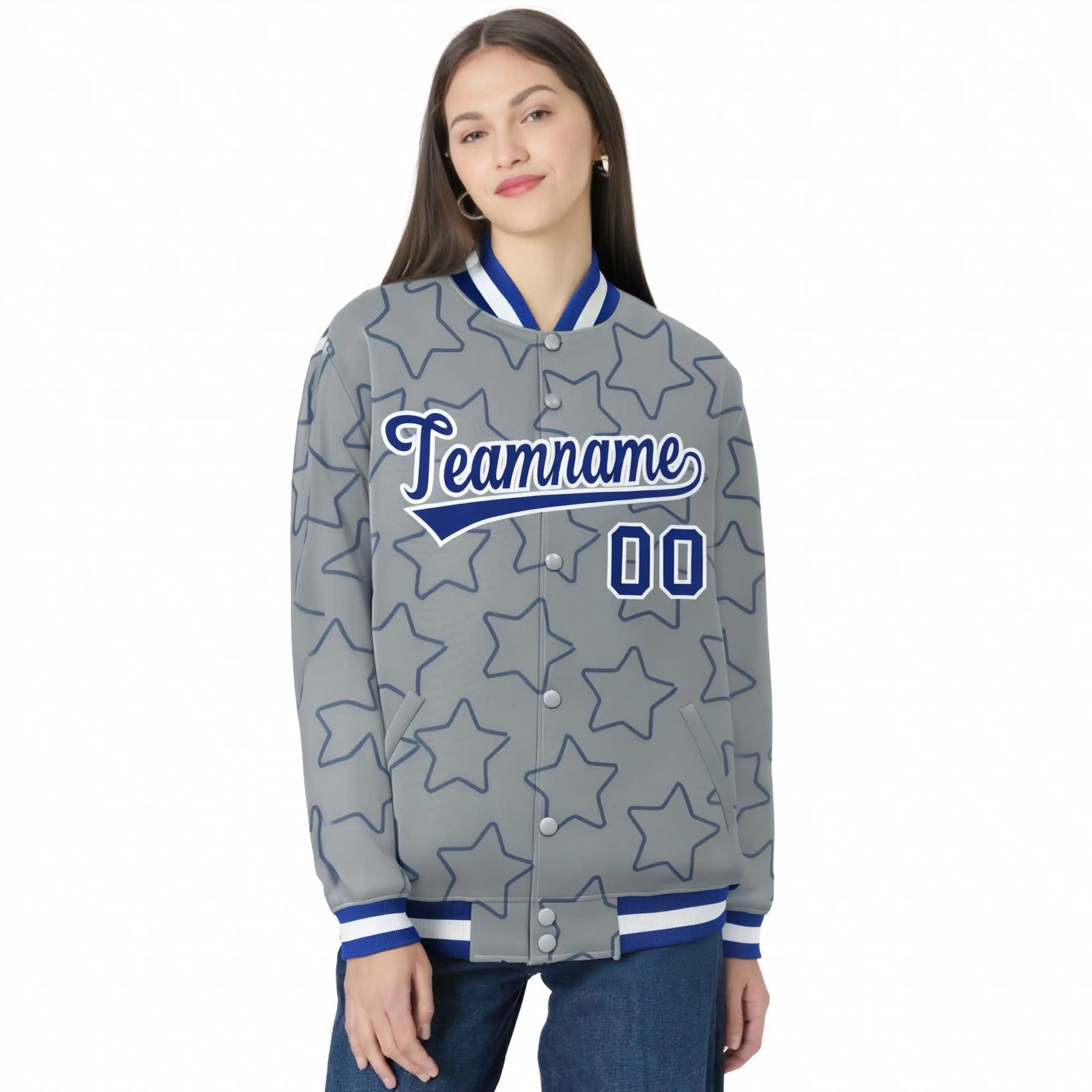 Custom Gray Royal Blue-White Varsity Full-Snap Star Pattern Letterman Baseball Jacket
