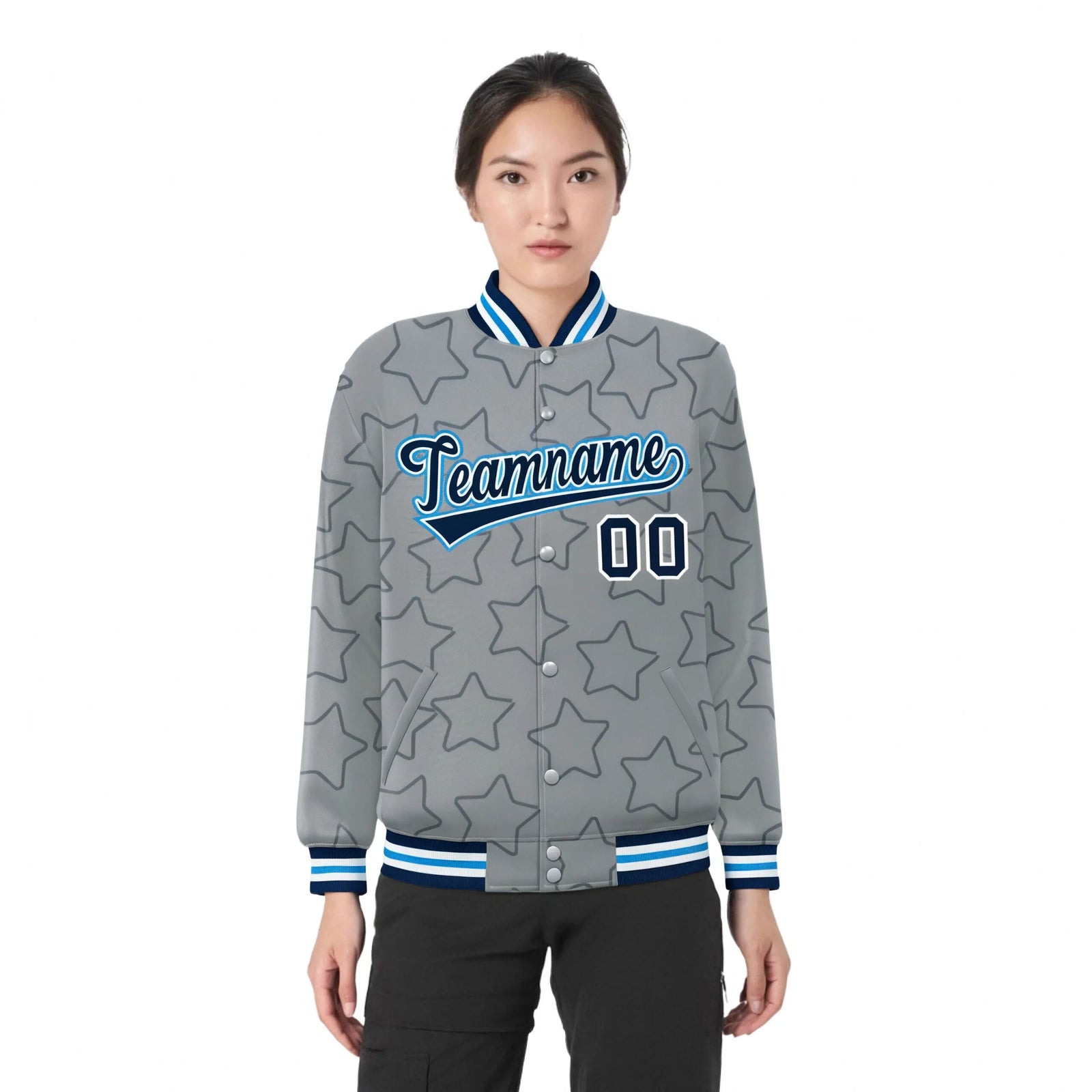 Custom Gray Navy-White Varsity Full-Snap Star Pattern Letterman Baseball Jacket
