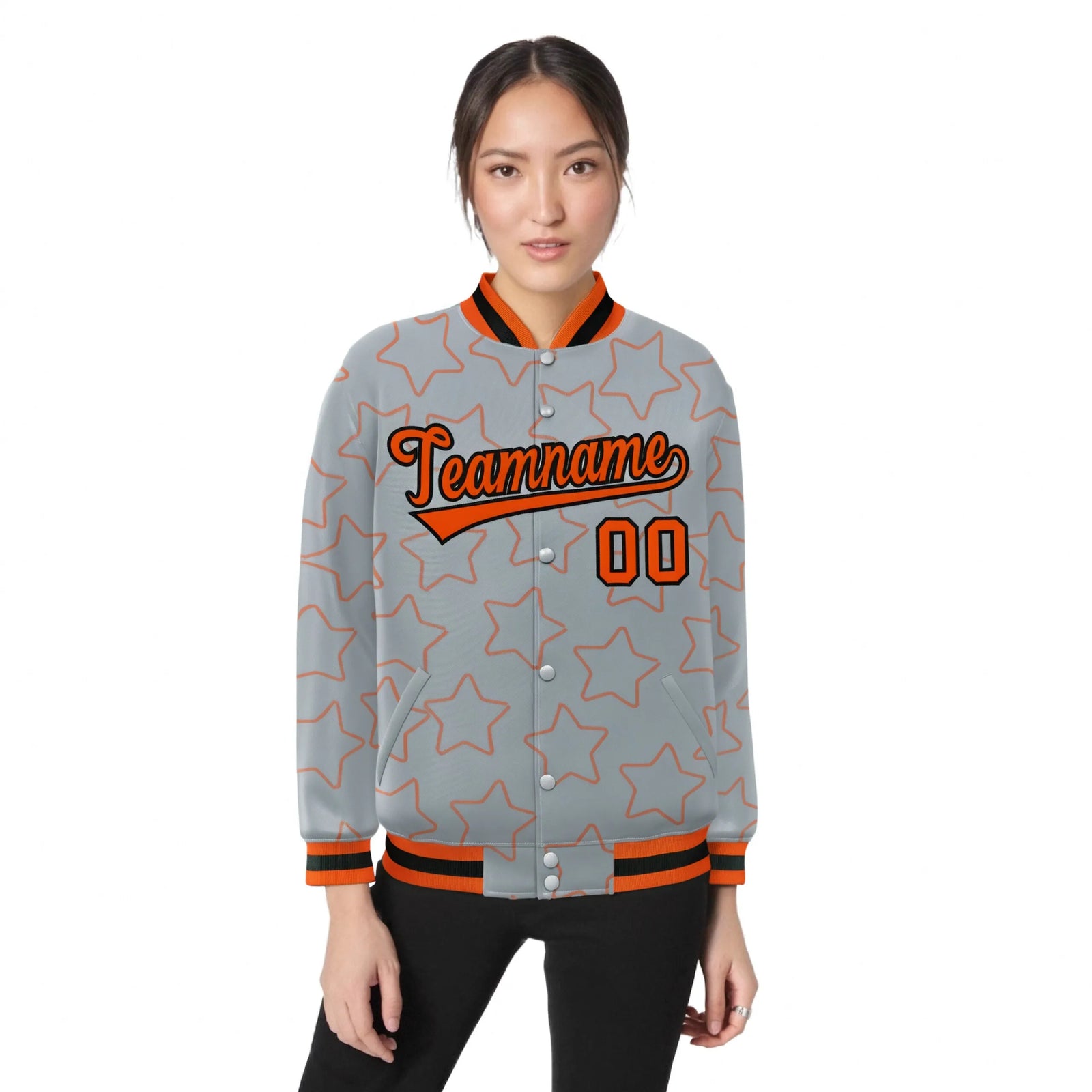 Custom Gray Orange-Black Varsity Full-Snap Star Pattern Letterman Baseball Jacket