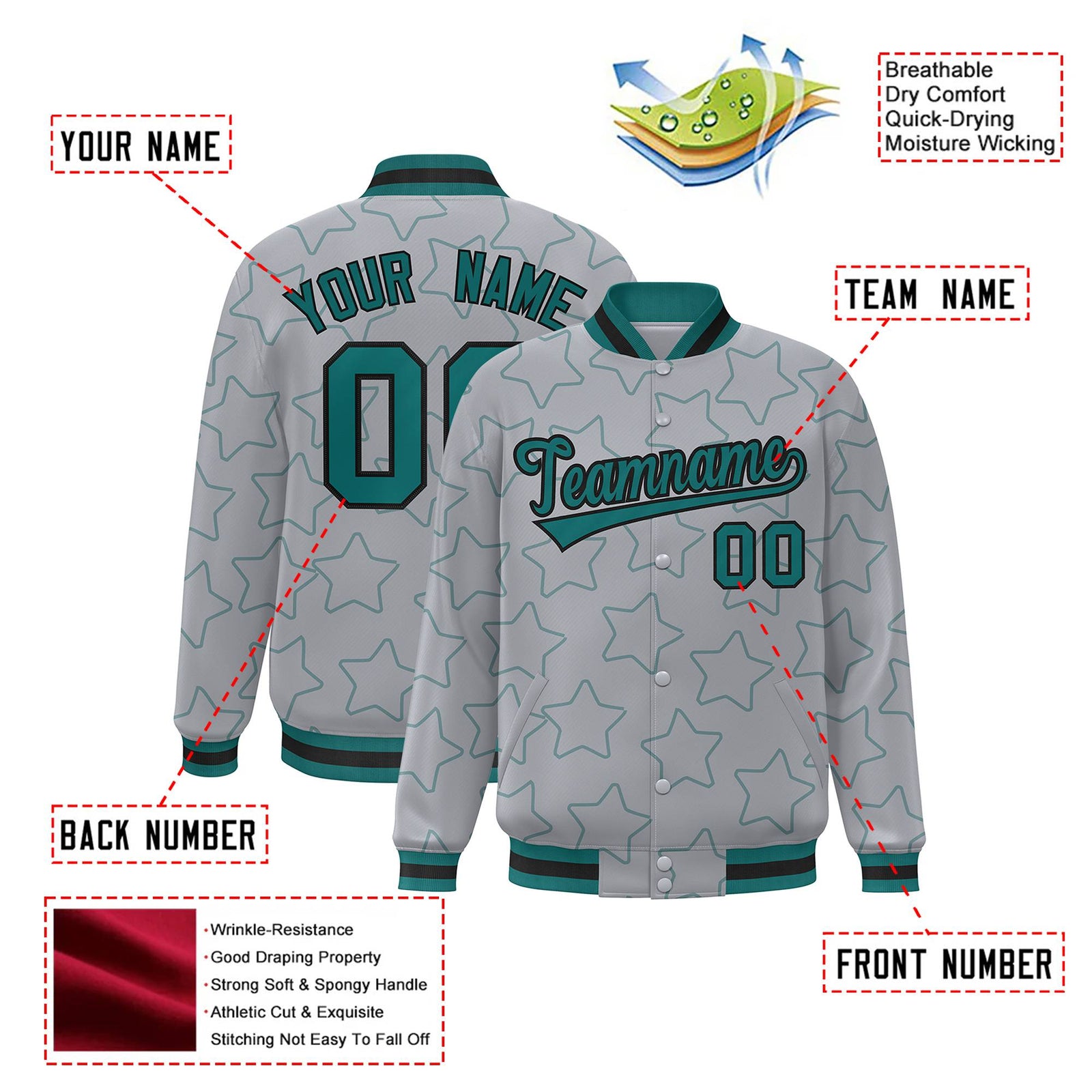 Custom Gray Aqua-Black Varsity Full-Snap Star Pattern Letterman Baseball Jacket