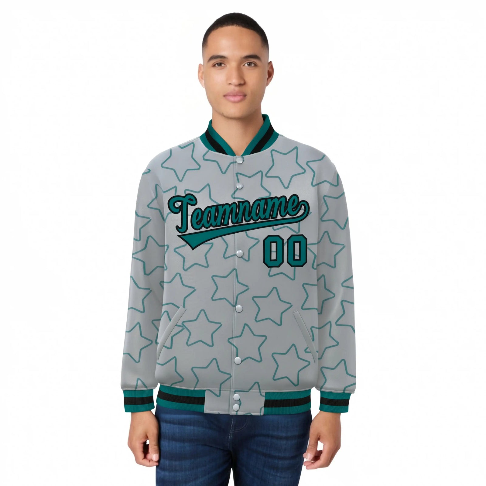Custom Gray Aqua-Black Varsity Full-Snap Star Pattern Letterman Baseball Jacket