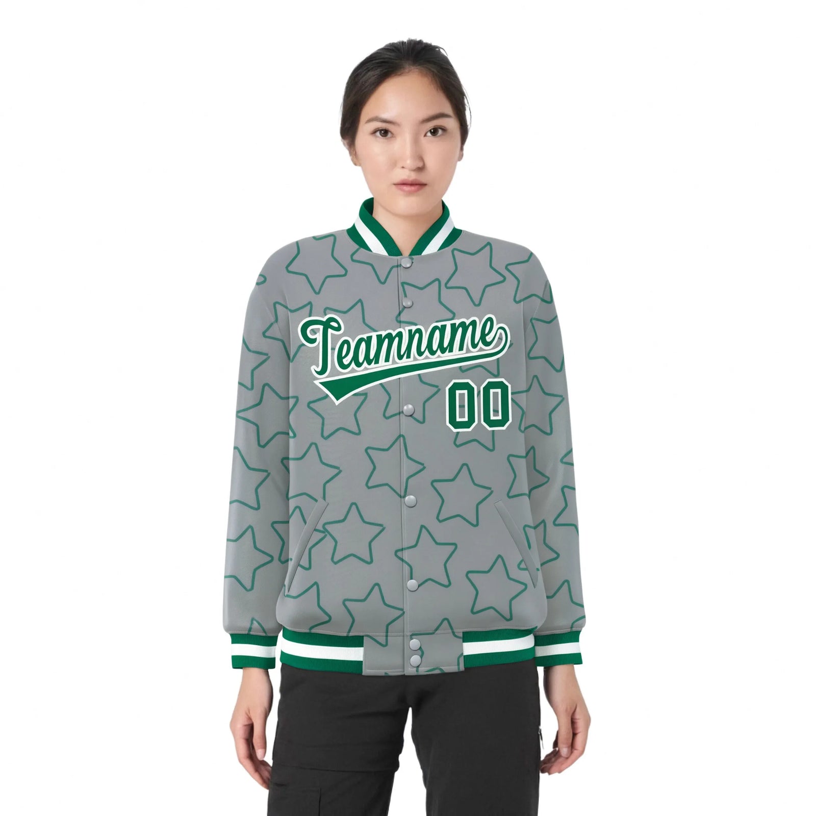 Custom Gray Kelly Green-White Varsity Full-Snap Star Pattern Letterman Baseball Jacket