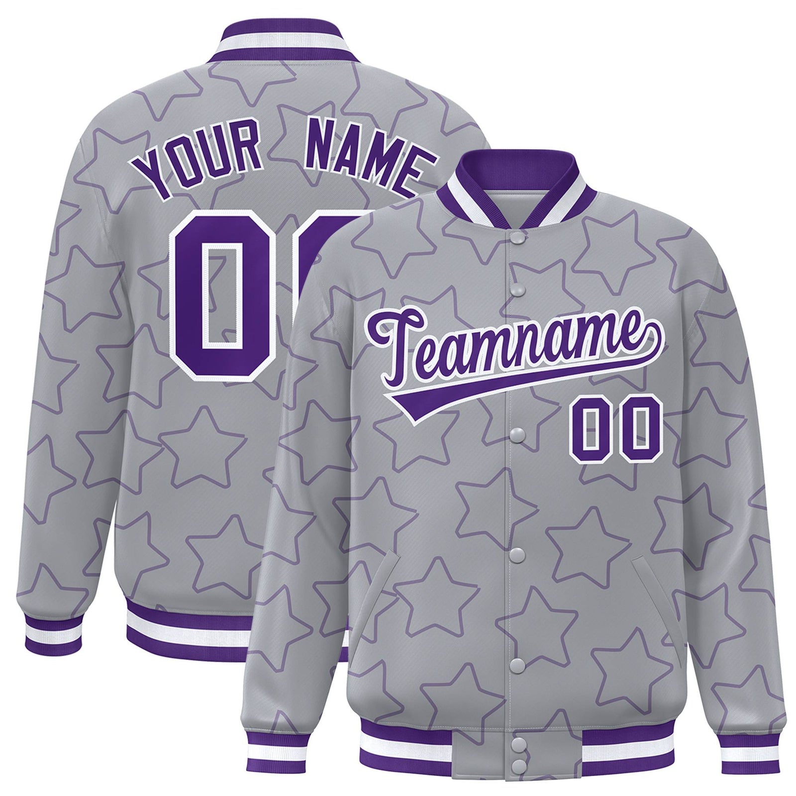 Custom Gray Purple-White Varsity Full-Snap Star Pattern Letterman Baseball Jacket