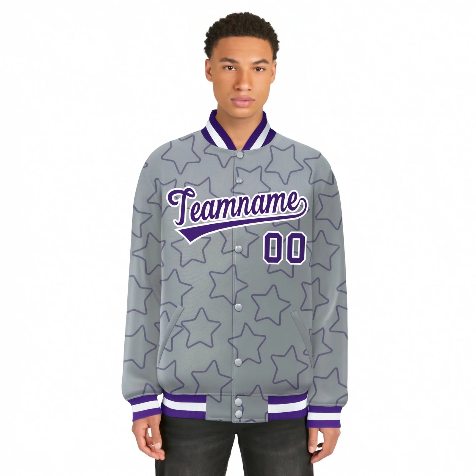 Custom Gray Purple-White Varsity Full-Snap Star Pattern Letterman Baseball Jacket