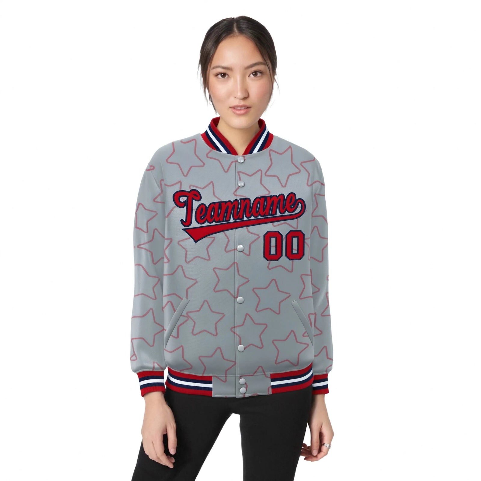 Custom Gray Red-Navy Varsity Full-Snap Star Pattern Letterman Baseball Jacket