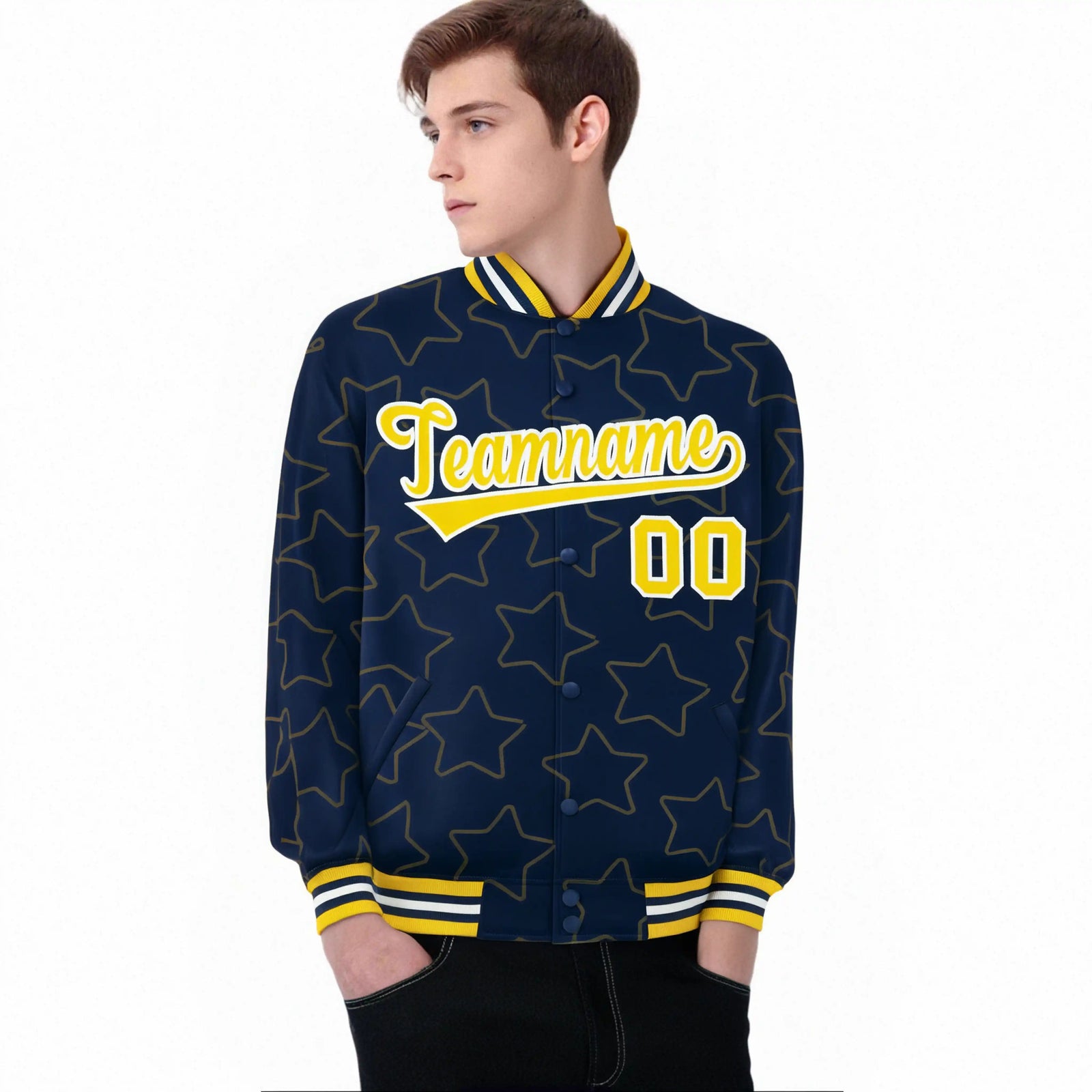 Custom Navy Gold-White Varsity Full-Snap Star Pattern Letterman Baseball Jacket