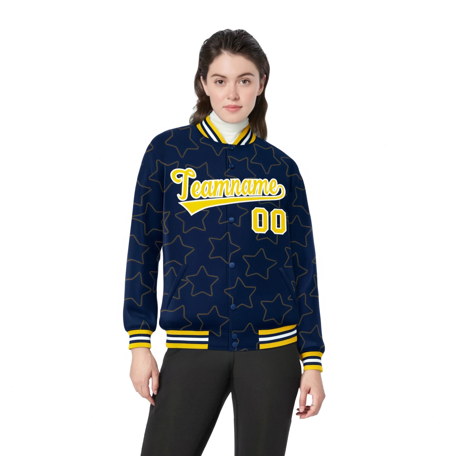 Custom Navy Gold-White Varsity Full-Snap Star Pattern Letterman Baseball Jacket