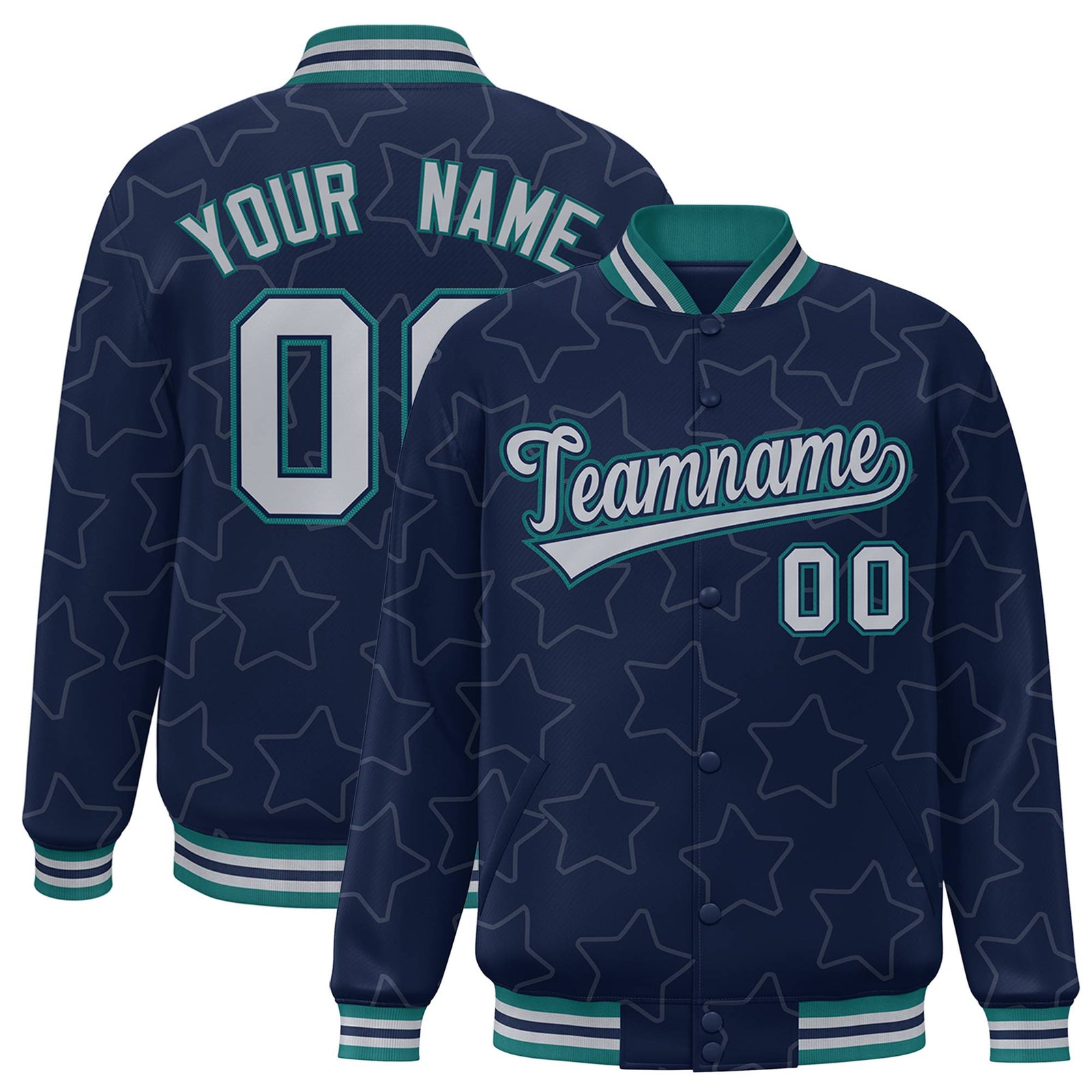 Custom Navy Gray-Teal Varsity Full-Snap Star Pattern Letterman Baseball Jacket