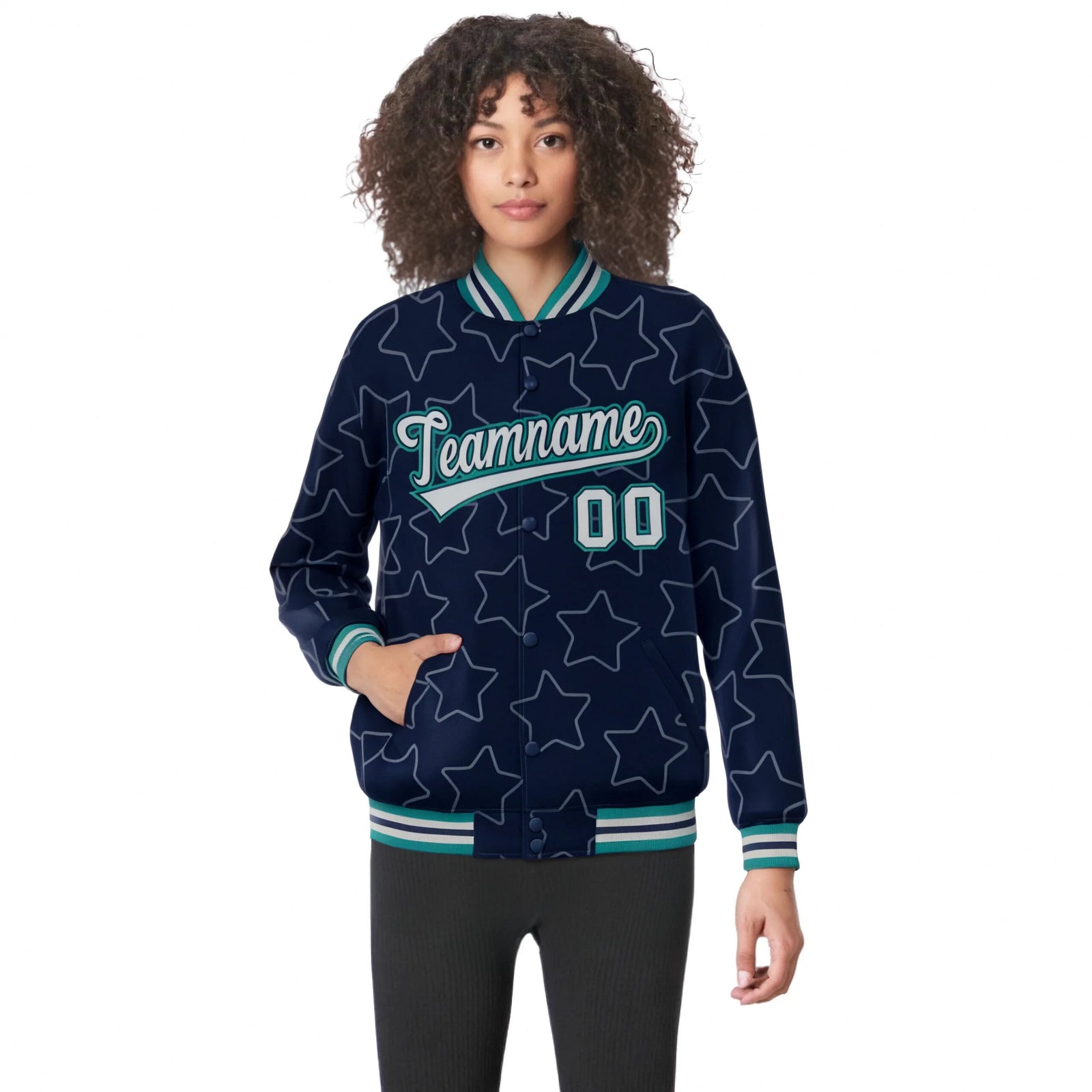 Custom Navy Gray-Teal Varsity Full-Snap Star Pattern Letterman Baseball Jacket